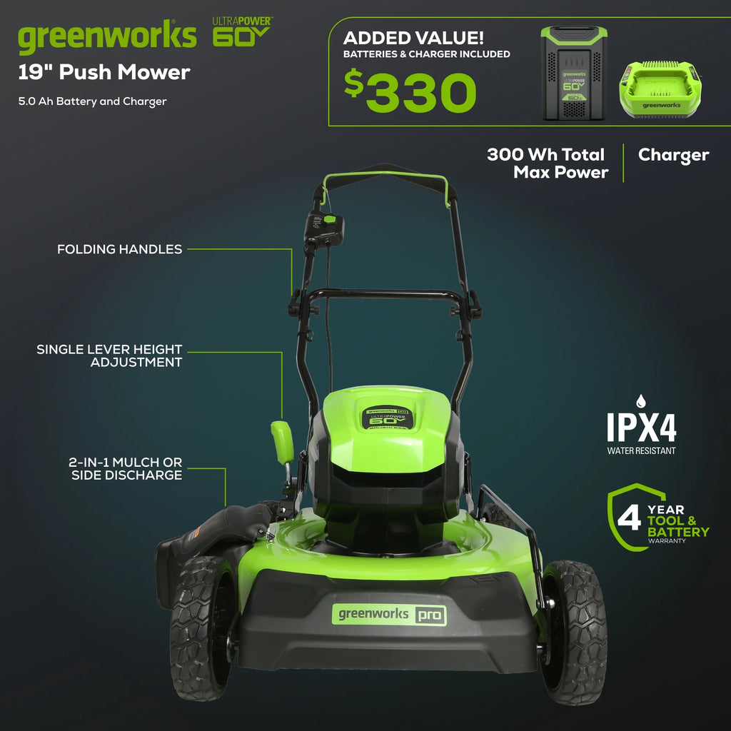 Tondeuse à gazon sans fil Greenworks 60V 19 avec batterie 5.0Ah et chargeur 2531802