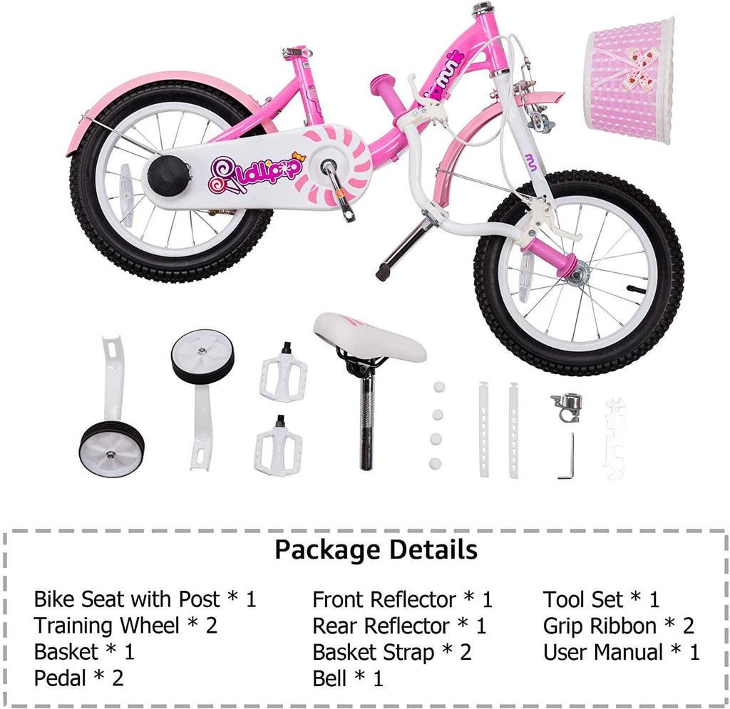 Vélo pour fille RoyalBaby Chipmunk avec panier et roues d’apprentissage, 14 pouces, rose sucette