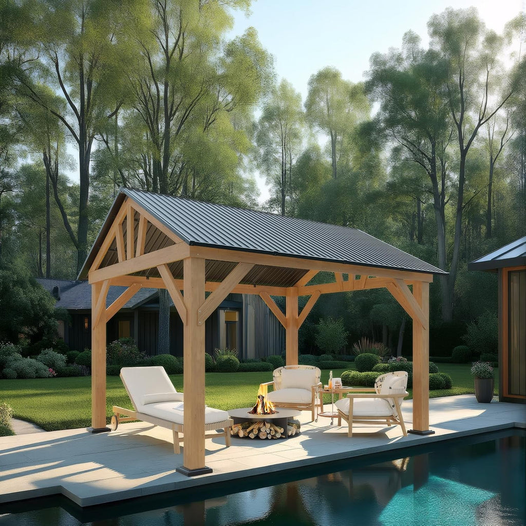 Jocisland Gazebo en bois 10x12 pi, Pergola à toit rigide avec charpente en acier pour jardin, porche, patio