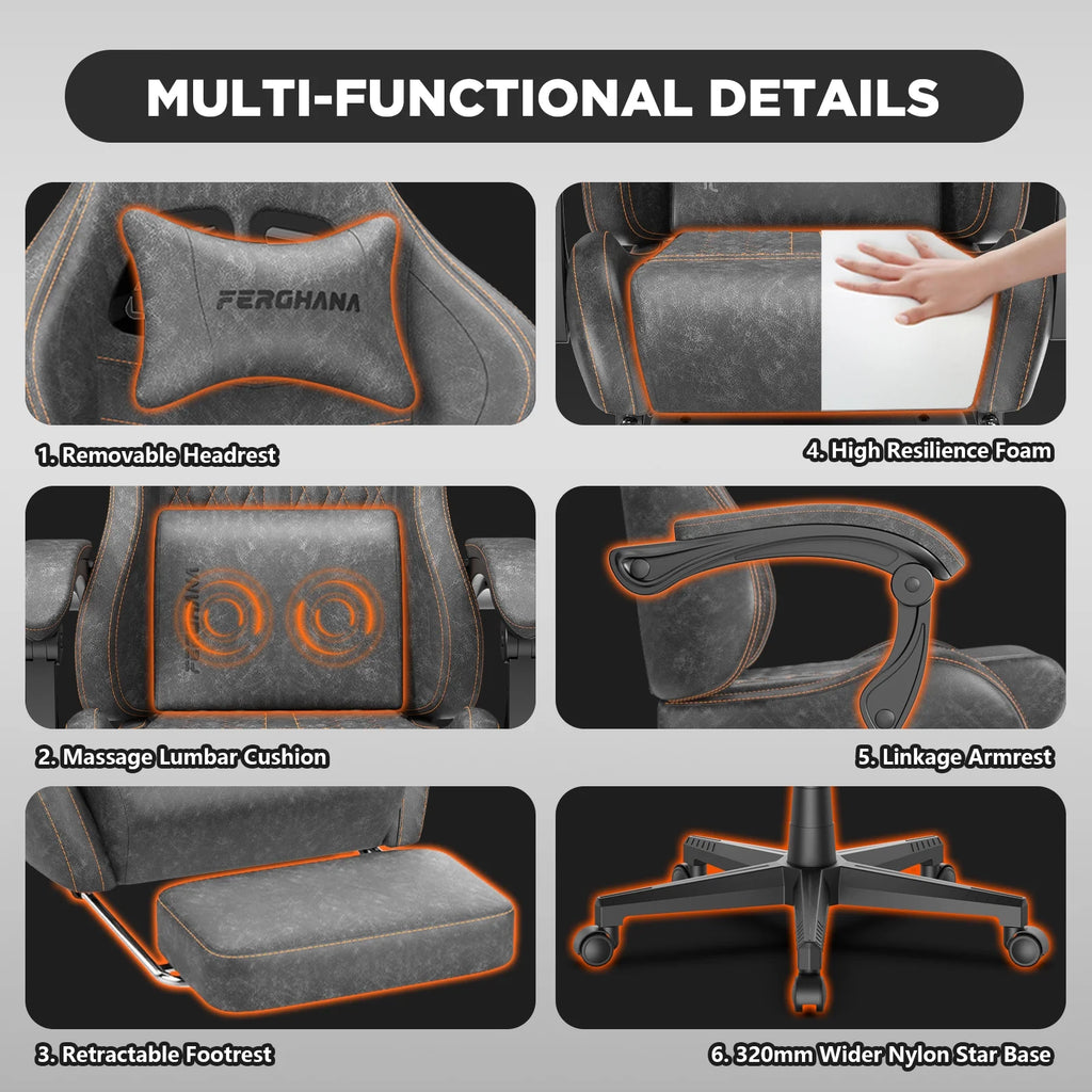 Fauteuil gaming Luxvie avec repose-pieds, fauteuil de bureau ergonomique pour ordinateur avec massage, soutien lombaire et appui-tête, dossier haut, style vintage, pour adultes et enfants, noir