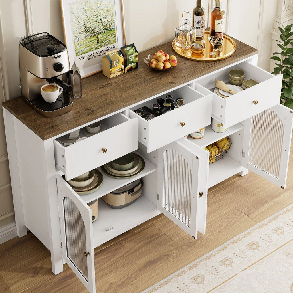 Homfa Grand buffet de 55'', meuble de rangement de cuisine avec 3 tiroirs et 4 portes vitrées, meuble bar en bois pour salon, blanc