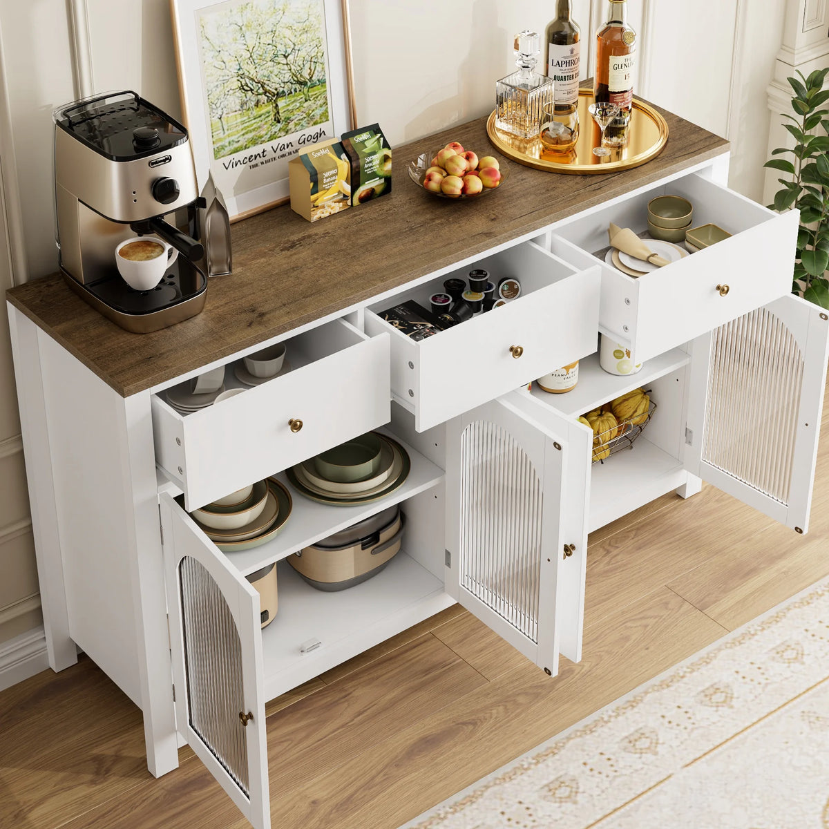 Homfa Grand buffet de 55'', meuble de rangement de cuisine avec 3 tiroirs et 4 portes vitrées, meuble bar en bois pour salon, blanc