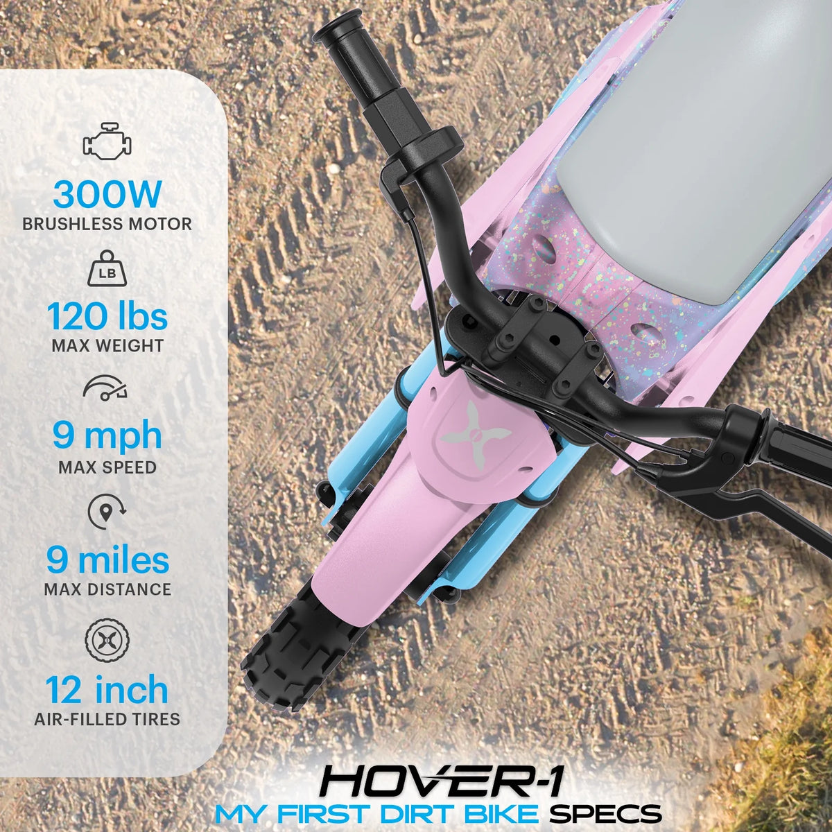 Hover-1 My First Dirt Bike for Kids - 300W Motor, 9MPH Max Speed, 9 Mile Range, 12 Off-Road Tires, 120LB Max Weight, Twist Grip Throttle & Rear Disc Brake Electric Dirt Bike for Kids Ages 5+ Years