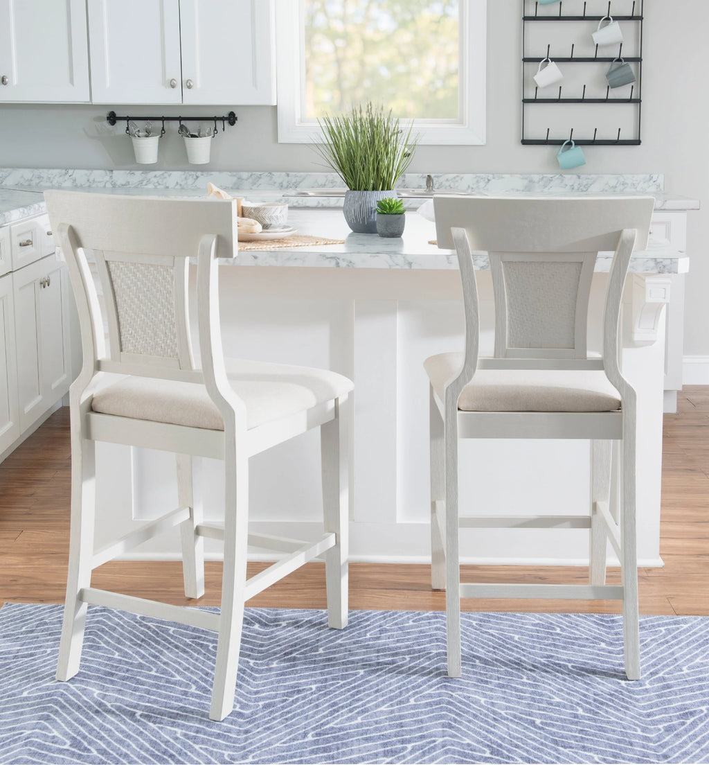 Tabouret de comptoir Linon Roseglen 26, finition blanchie avec tissu beige