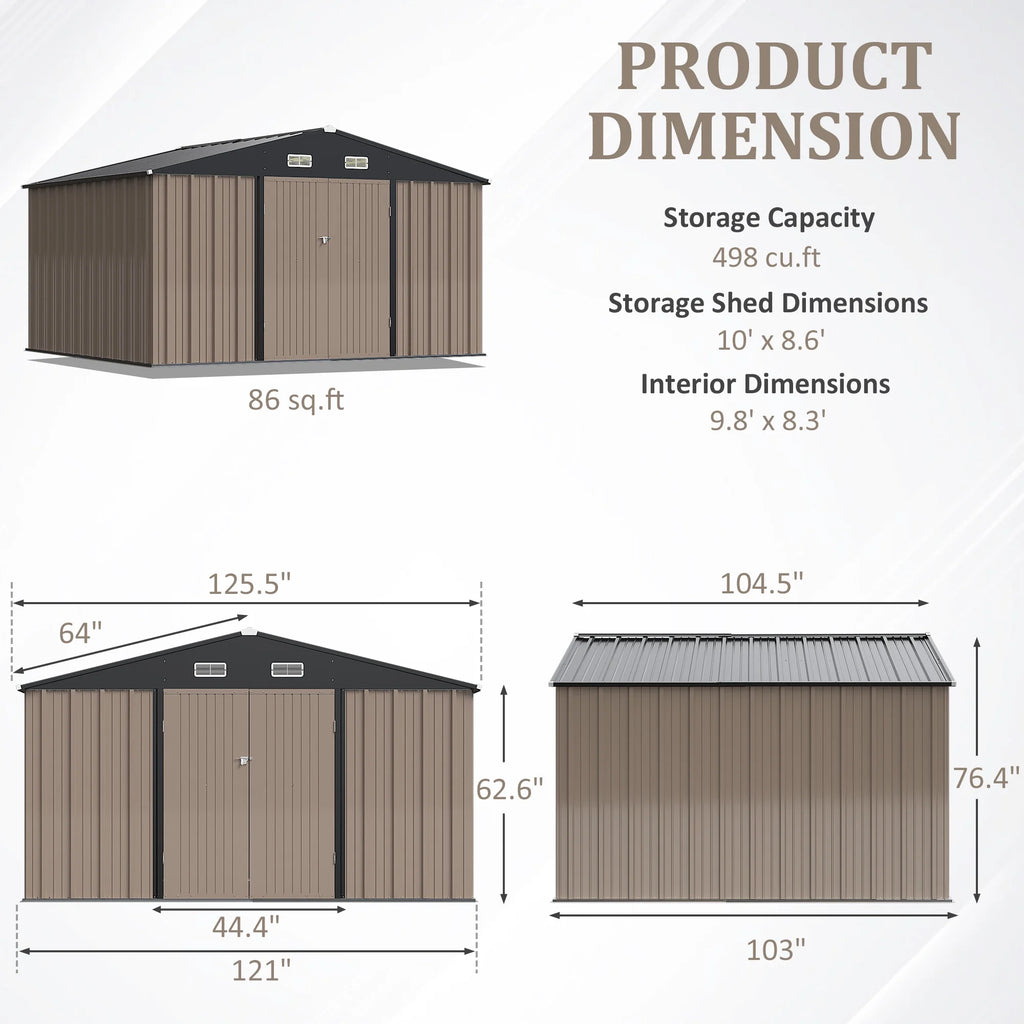 Abri de rangement en métal Devoko 10 x 8 pi, abri de jardin verrouillable en acier pour patio, cour arrière et outils de plein air, marron