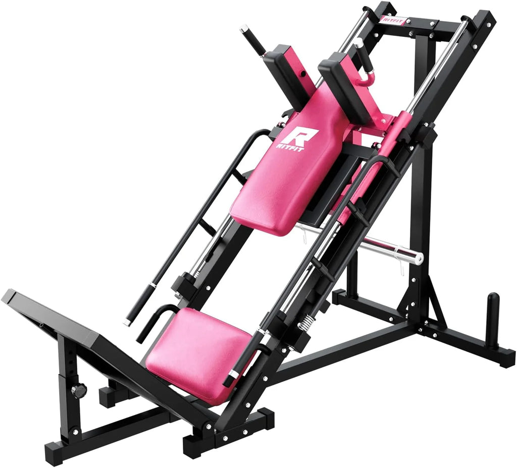 Machine à presse à jambes et hack squat RitFit, Presse à jambes professionnelle réglable pour salle de sport à domicile avec roulement linéaire, Machine hack squat spécialisée pour un entraînement complet du bas du corps avec rangement de poids, Rose