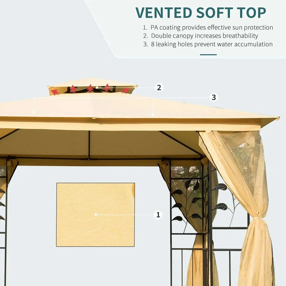 GVN Pergola de jardin pour terrasse, Auvent de pergola, Abri de jardin extérieur avec double toit de 10' x 10' et filet, Beige