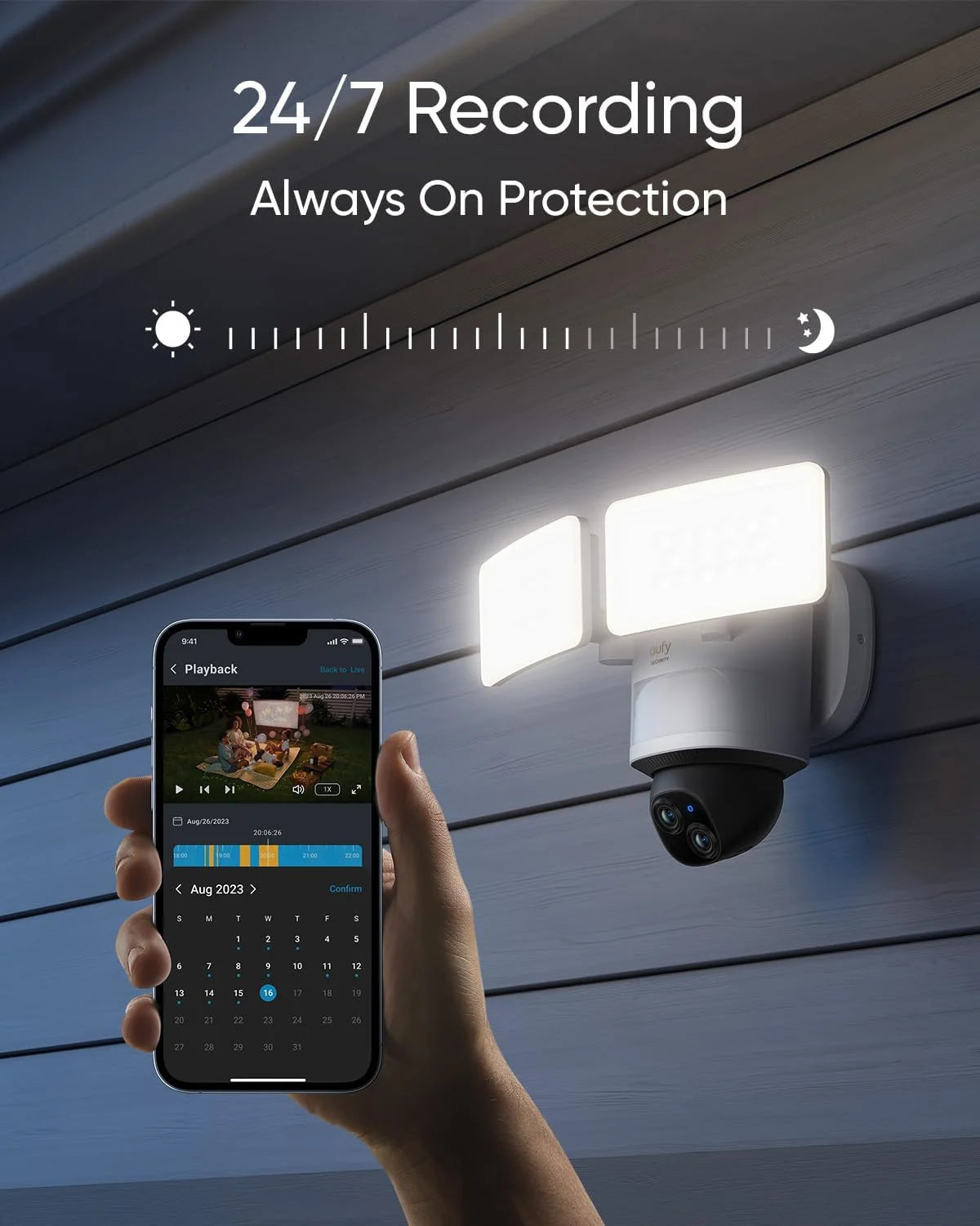 Caméra floodlight eufy Security E340, caméra filaire, double caméra 3K+2K, panoramique et inclinaison à 360°, sans abonnement mensuel