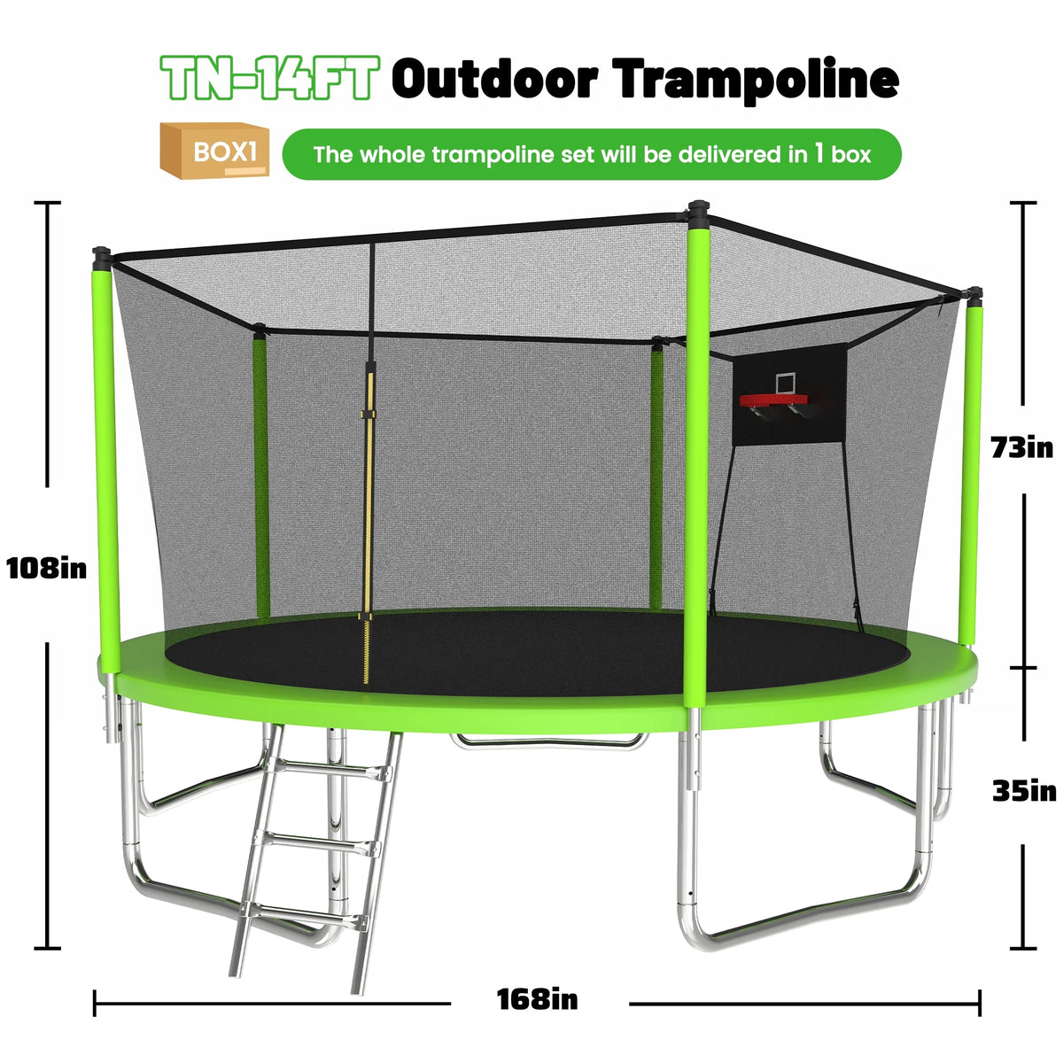 Trampoline de 14 pieds avec panier de basket, trampoline d'extérieur avec filet de protection, bleu