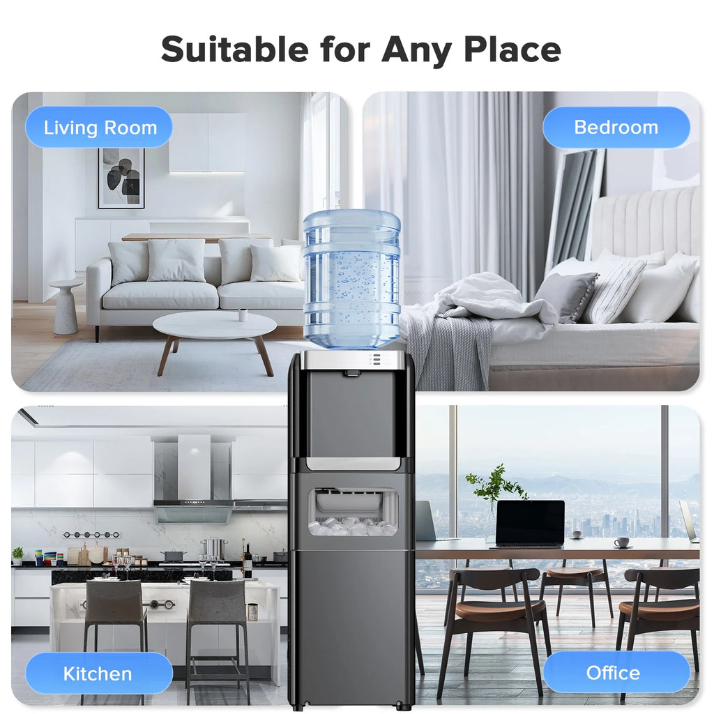 LHRIVER Distributeur d’eau 2-5 gallons & Machine à glaçons 6 min, 3-en-1 Chaud/Froid/Glace, Verrouillage enfant & Économe en énergie, pour Maison/Bureau, Noir