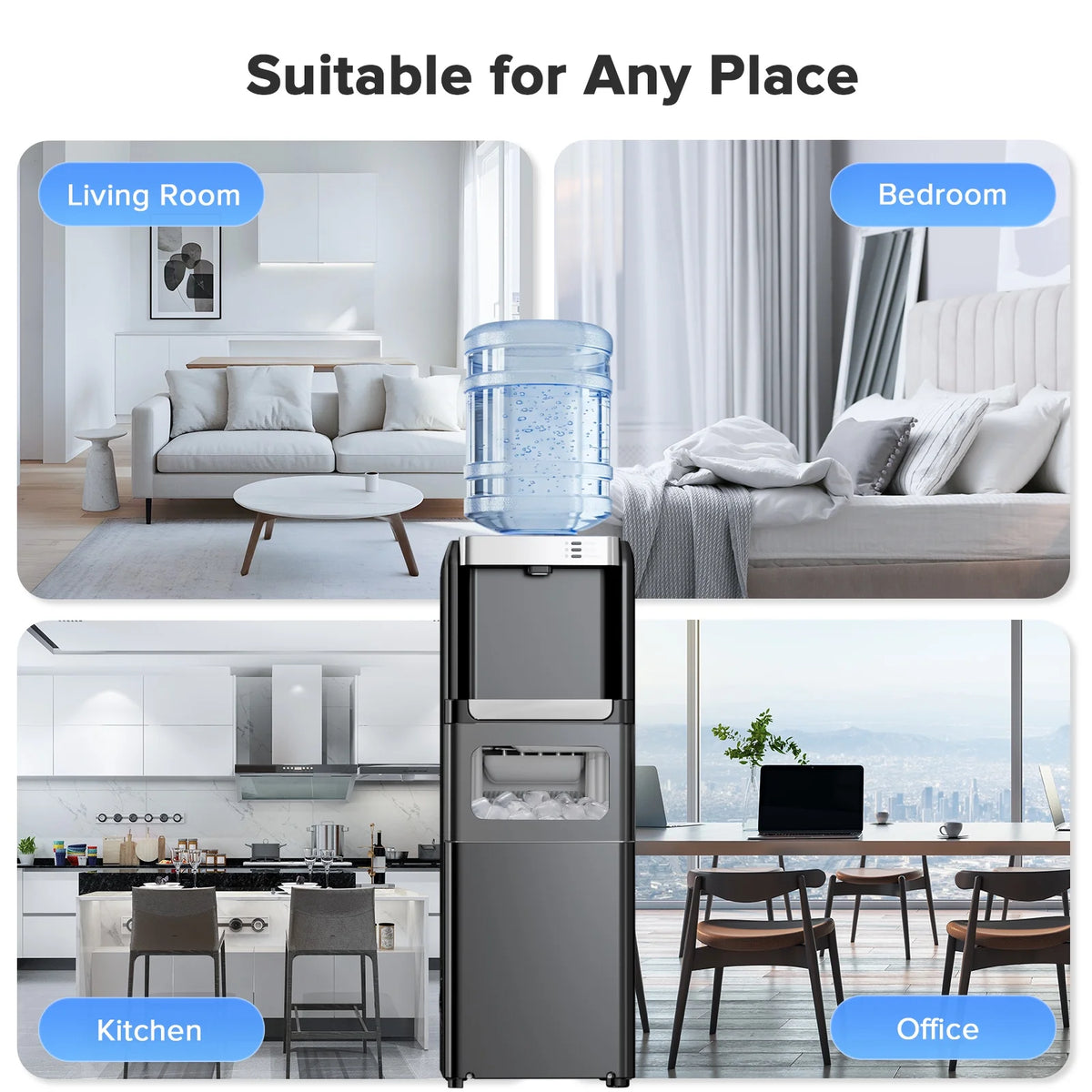 LHRIVER Distributeur d’eau 2-5 gallons & Machine à glaçons 6 min, 3-en-1 Chaud/Froid/Glace, Verrouillage enfant & Économe en énergie, pour Maison/Bureau, Noir
