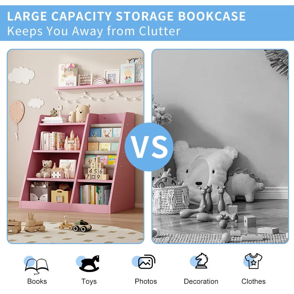 IVV Bibliothèque Montessori pour enfants, Bibliothèque moderne en bois à 4 niveaux, Étagère à livres et jouets pour enfants, Support d’étagère en tissu, Pour salle de classe, chambre, chambre de bébé ou salle de jeux (Rose)