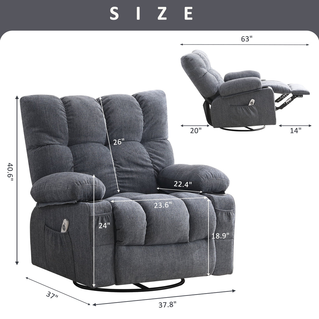 Fauteuil inclinable manuel JONPONY avec fonction de massage et de chauffage, mécanisme d’inclinaison robuste, fauteuil à bascule individuel pour personnes âgées avec porte-gobelets, pour chambre et salle de cinéma maison, gris