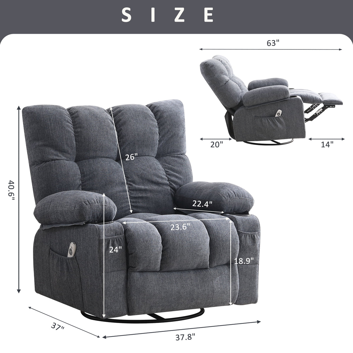 Fauteuil inclinable manuel JONPONY avec fonction de massage et de chauffage, mécanisme d’inclinaison robuste, fauteuil à bascule individuel pour personnes âgées avec porte-gobelets, pour chambre et salle de cinéma maison, gris