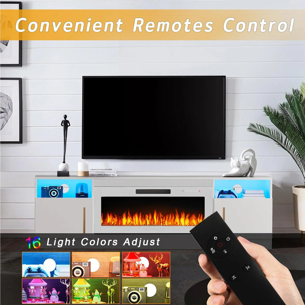 Meuble TV avec cheminée Waleaf avec cheminée électrique de 36 pouces pour téléviseurs jusqu’à 80 pouces, console multimédia moderne en bois avec meuble éclairé, blanc