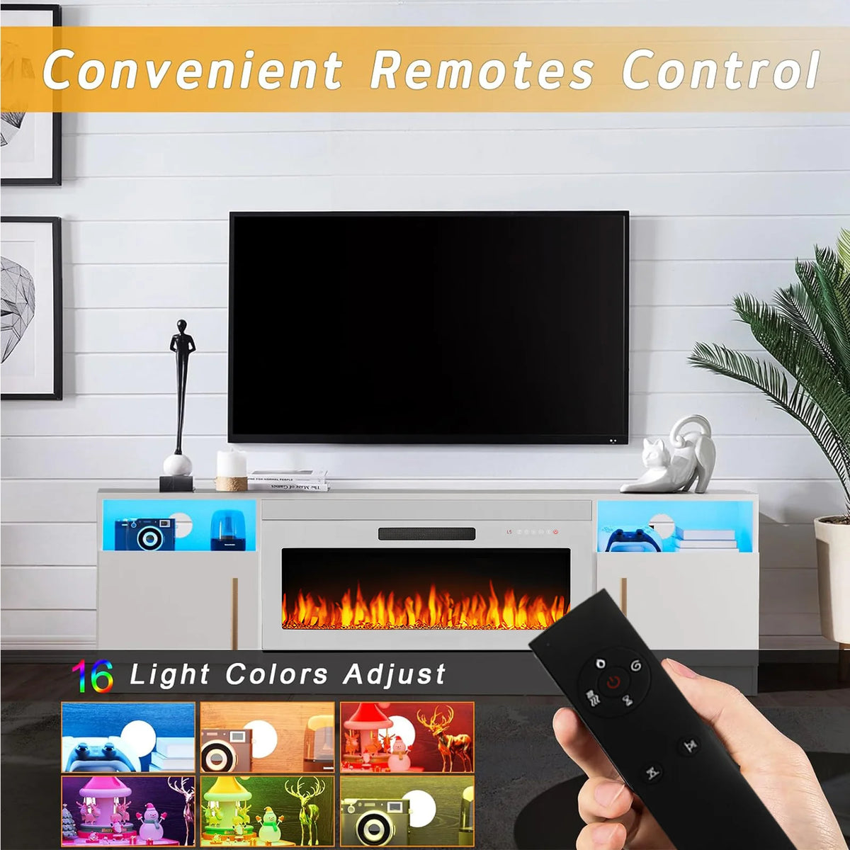 Meuble TV avec cheminée Waleaf avec cheminée électrique de 36 pouces pour téléviseurs jusqu’à 80 pouces, console multimédia moderne en bois avec meuble éclairé, blanc