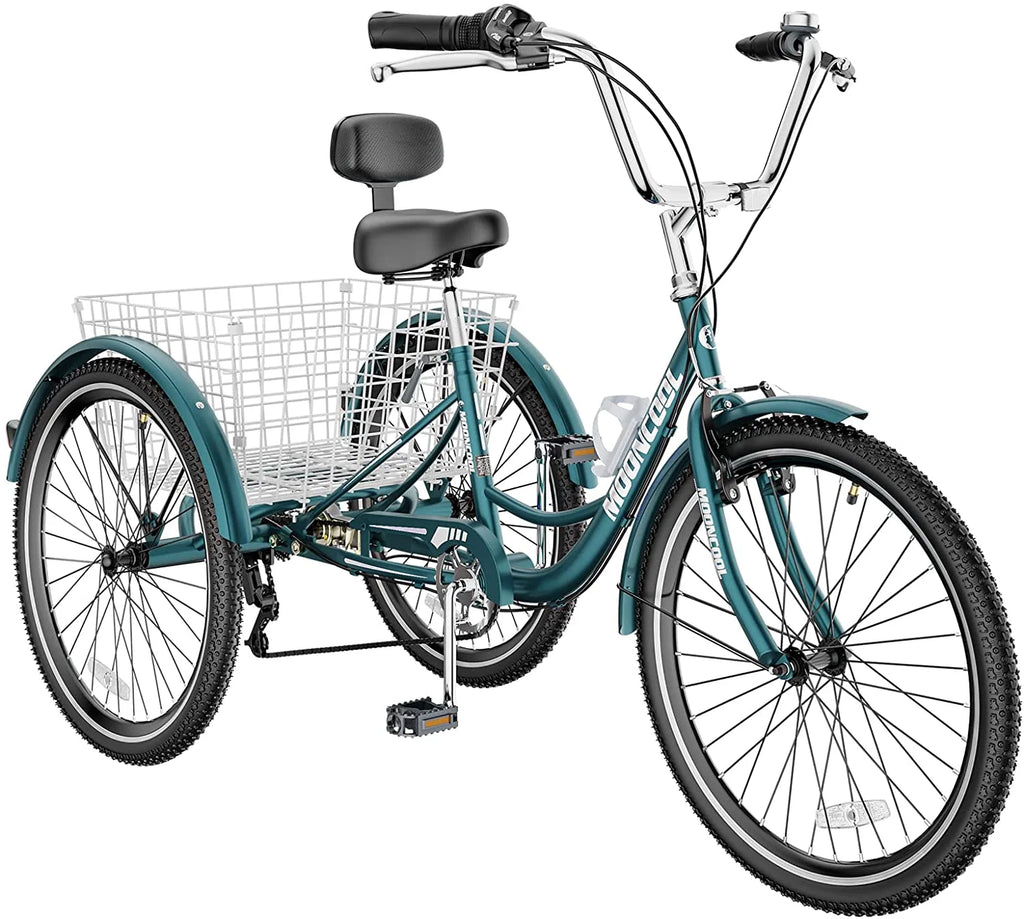 Tricycles pour adultes MOONCOOL avec panier arrière et pompe à pied, vélos à 3 roues 7 vitesses de 24 et 26 pouces, vélo à trois roues pour adultes avec dossier pour seniors, femmes et hommes