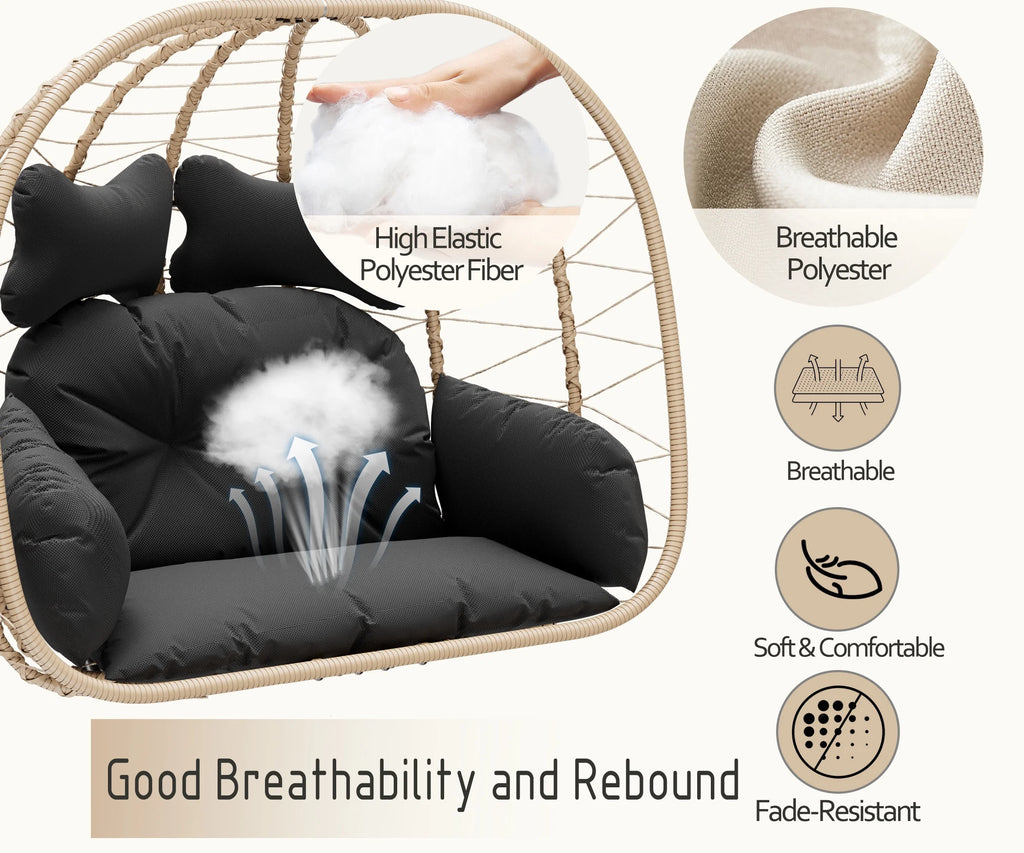 Bifanuo Fauteuil œuf balancelle double en osier, canapé suspendu pliant avec support, coussins amovibles résistants aux UV, capacité de 700 lb pour chambre, balcon (noir et beige)