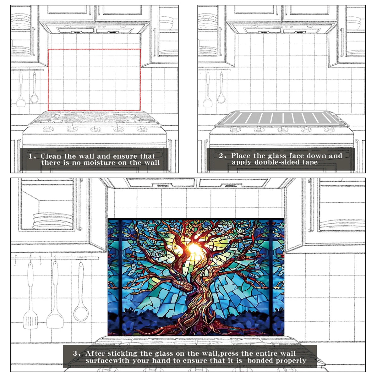 Crédence en verre trempé motif Arbre de vie en mosaïque pour cuisine derrière la cuisinière, cache supérieur pour cuisinière, crédence en verre facile à nettoyer, pare-éclaboussures pour évier, décoration murale de cuisine pour la maison