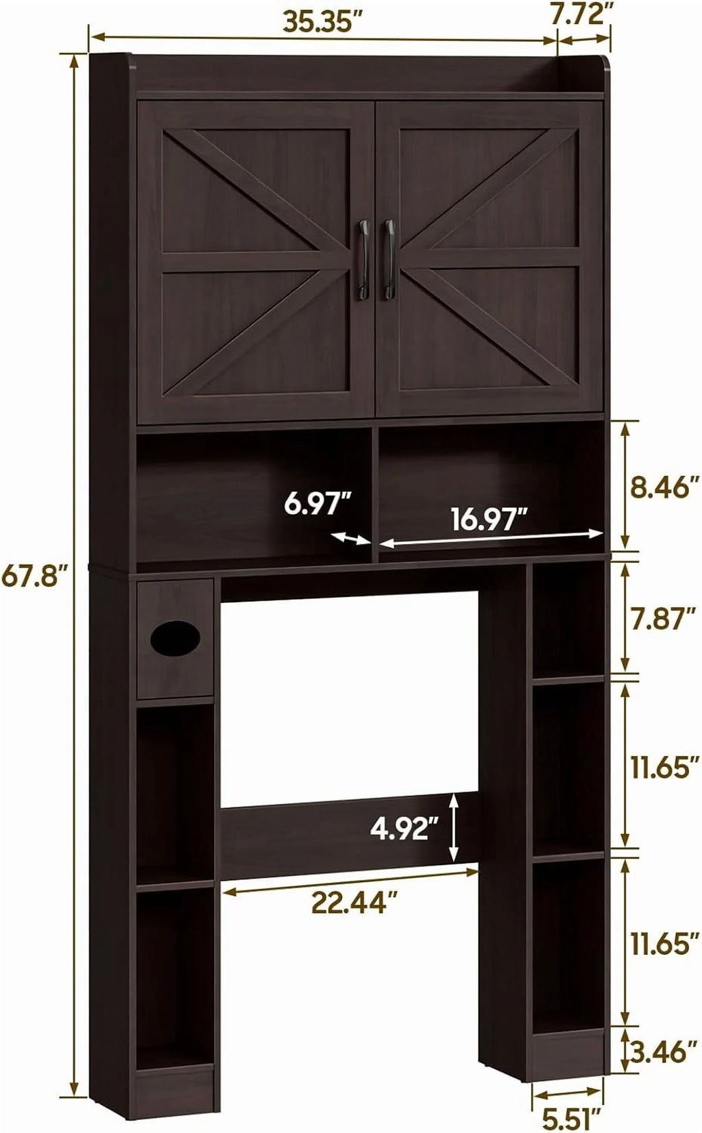 Meuble de rangement Vabches au-dessus des toilettes avec porte-papier toilette, avec étagère réglable et 2 portes