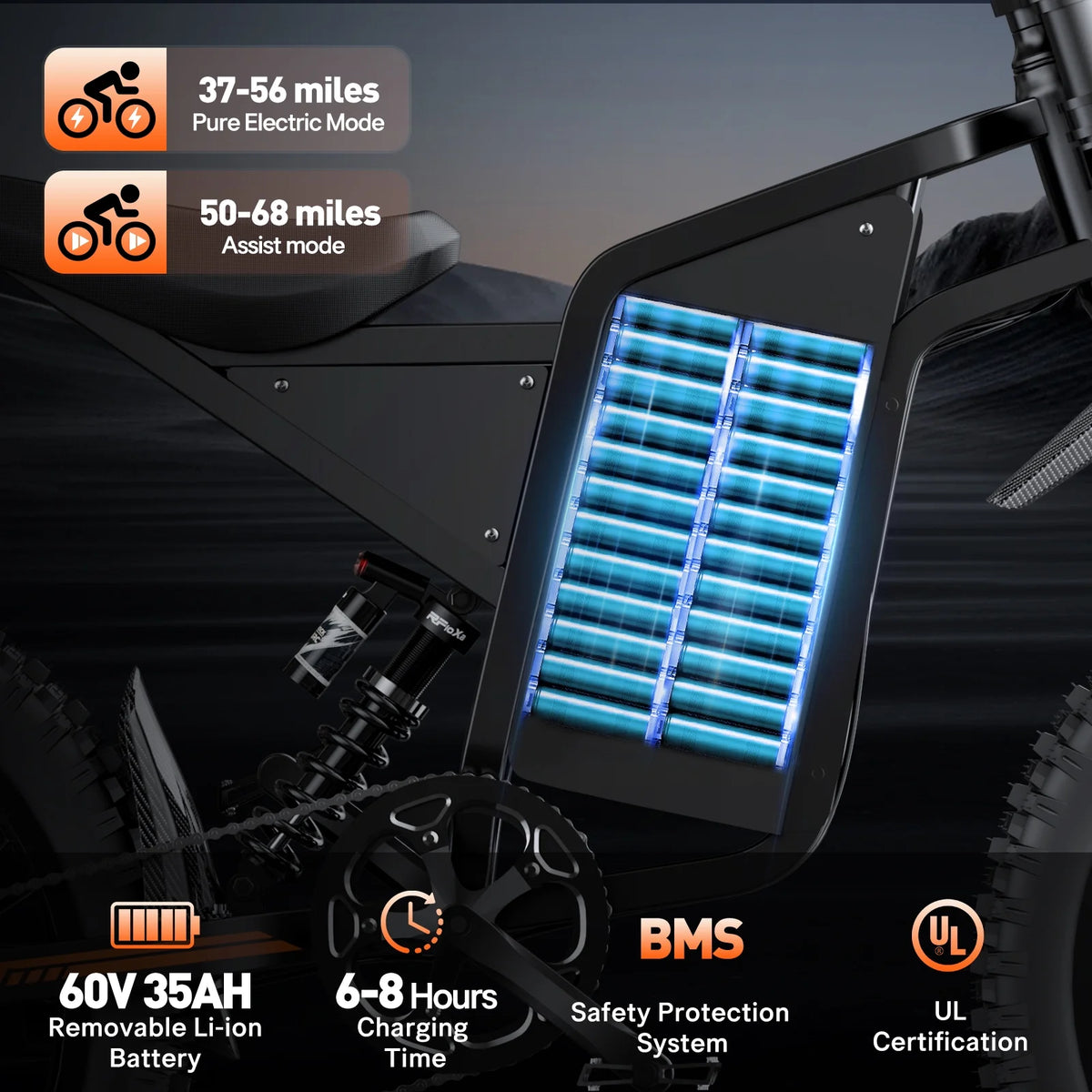 Moto tout-terrain électrique pour adultes, 60 V 35 Ah, 3 000 W, 45 mi/h et autonomie de 37 à 68 mi, vélo de montagne tout-terrain à pneus larges de 25 po, UL2849