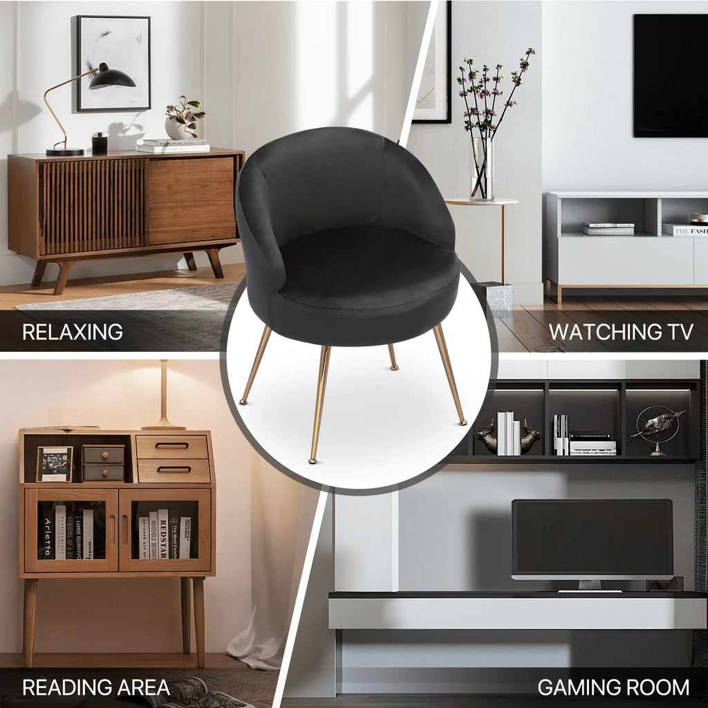 Fauteuil d'appoint en velours MoNiBloom, Fauteuil individuel moderne rembourré, Fauteuil club tonneau confortable pour salon avec pieds en métal doré pour chambre, salle de lecture, bureau, Noir
