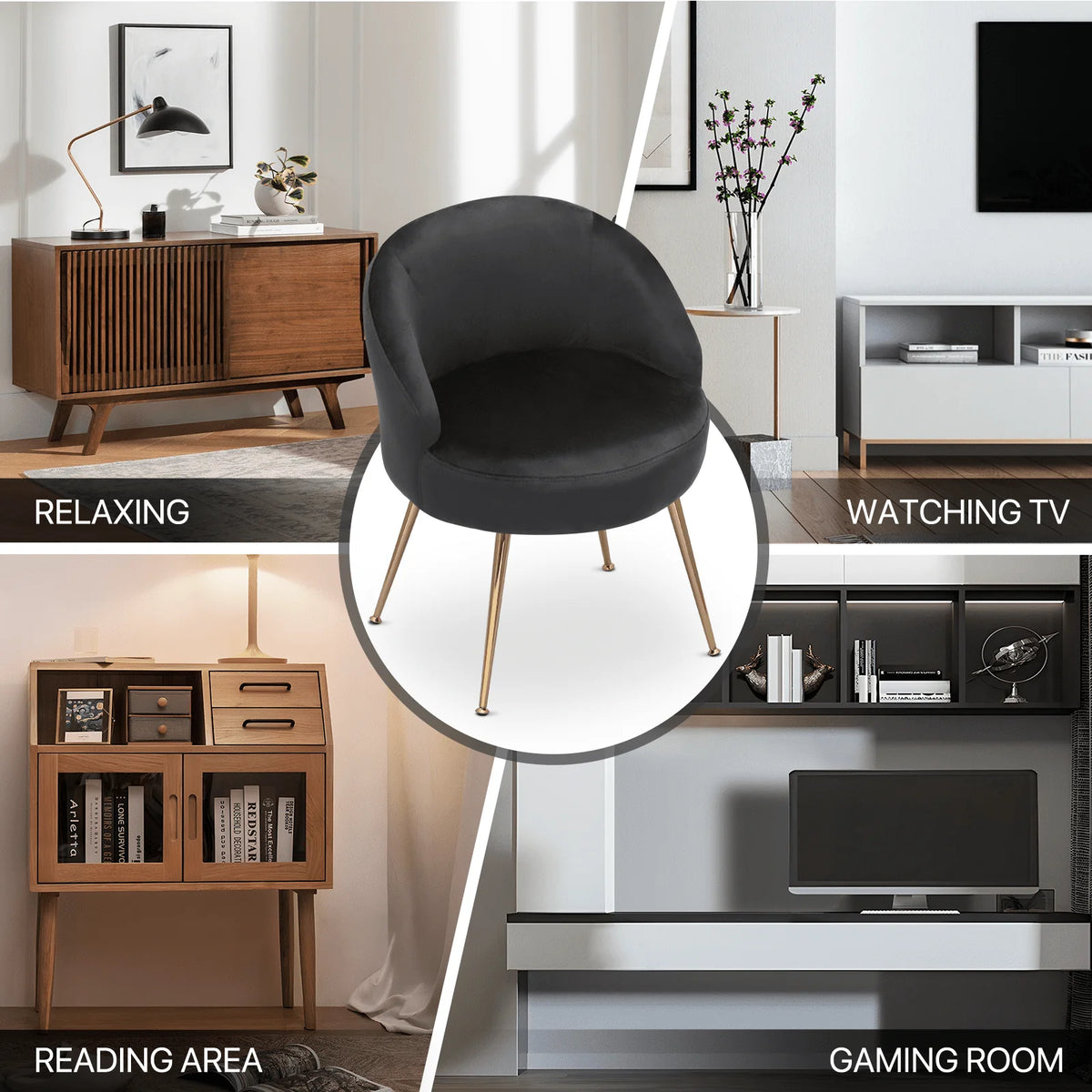 Fauteuil d'appoint en velours MoNiBloom, Fauteuil individuel moderne rembourré, Fauteuil club tonneau confortable pour salon avec pieds en métal doré pour chambre, salle de lecture, bureau, Noir
