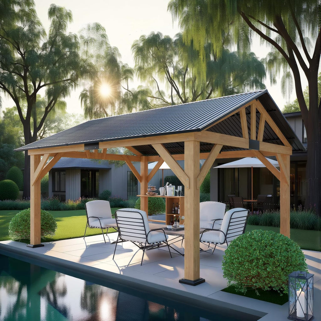 Jocisland Gazebo en bois 10x12 pi, Pergola à toit rigide avec charpente en acier pour jardin, porche, patio