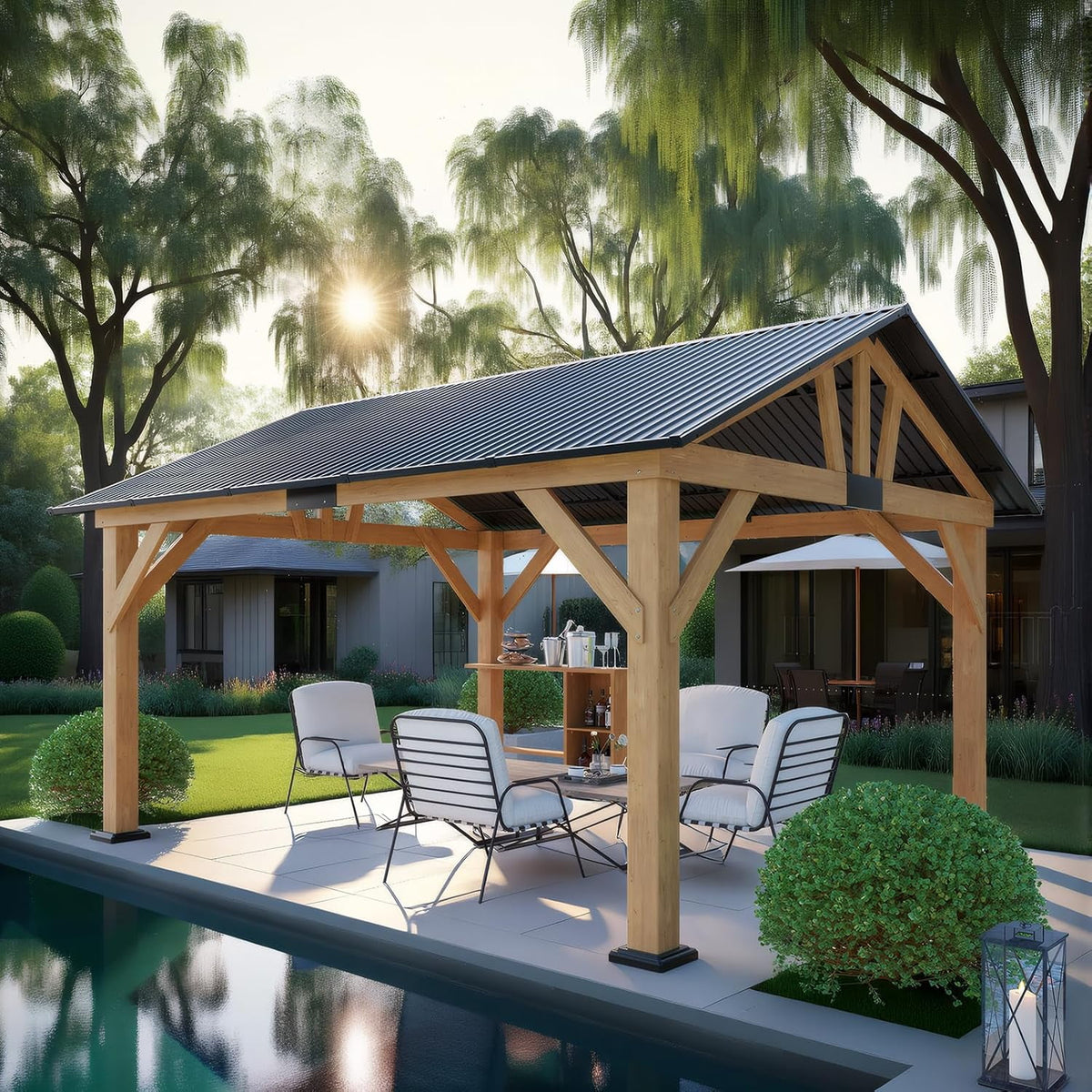 Jocisland Gazebo en bois 10x12 pi, Pergola à toit rigide avec charpente en acier pour jardin, porche, patio