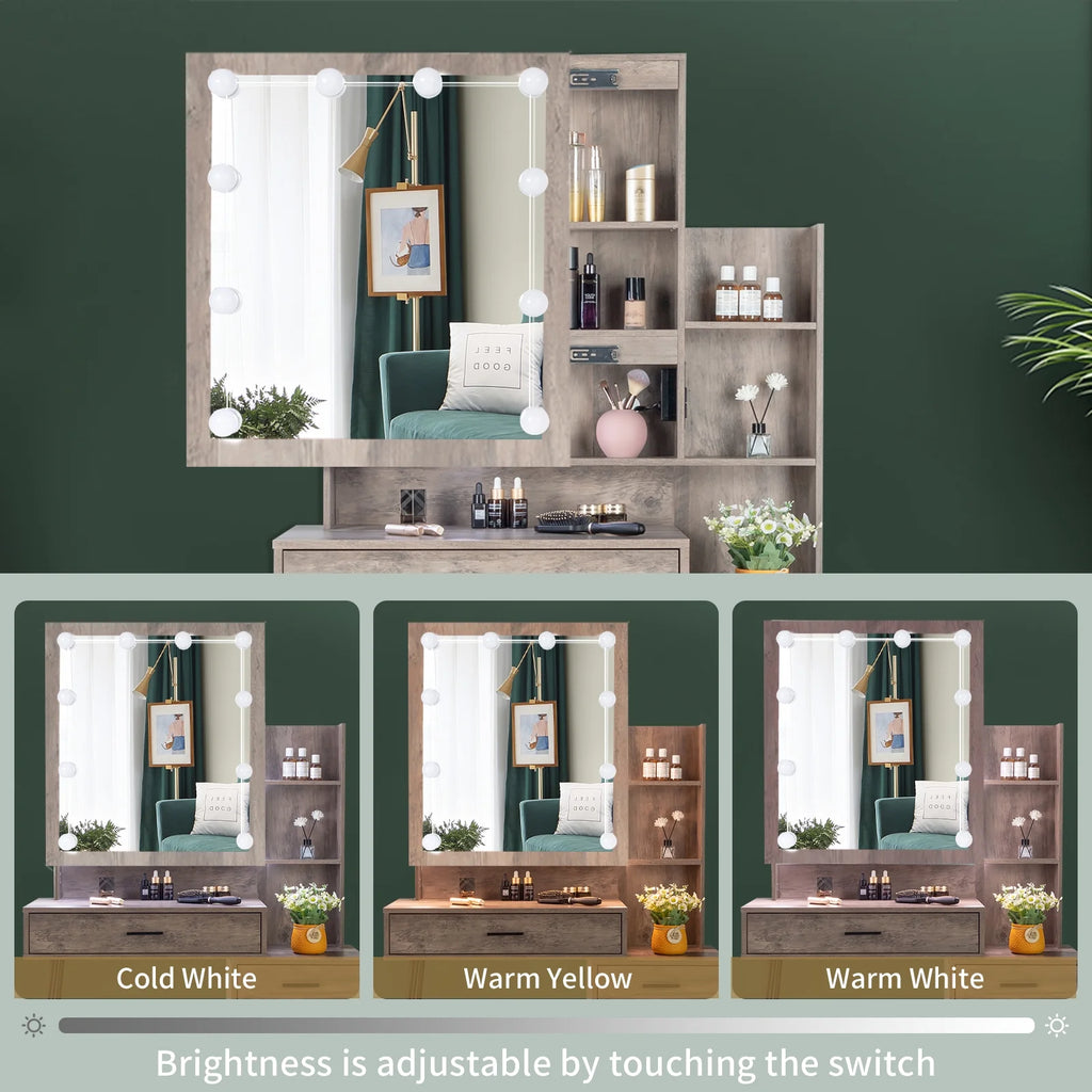 Coiffeuse Ktaxon avec miroir éclairé à 3 couleurs & station de charge, table de maquillage avec 3 étagères de rangement & tiroirs, bureau de toilette avec tabouret, gris rétro