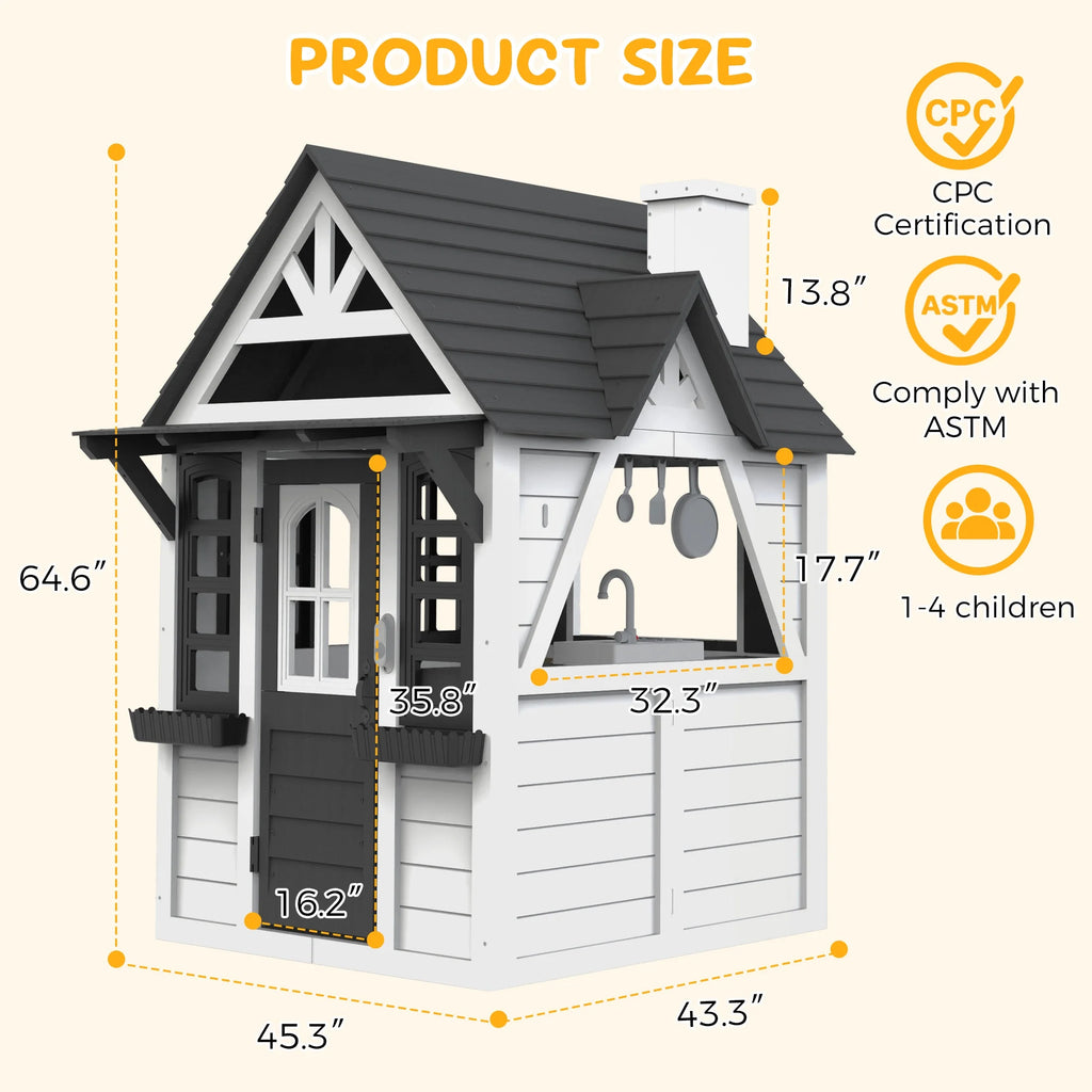 COCLUB Maison de jeu d’extérieur pour enfants de 4 à 8 ans, maison en bois avec sonnette, téléphone et jouets de cuisine, équipement de jeu extérieur pour enfants, maison pour filles (45L x 65H), blanc et noir