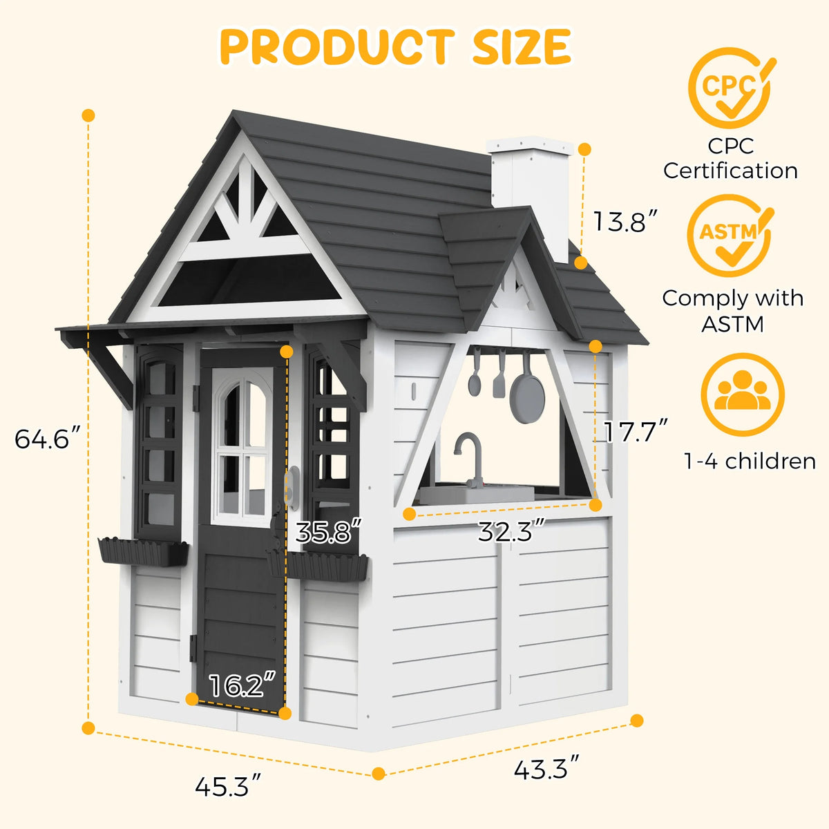 COCLUB Maison de jeu d’extérieur pour enfants de 4 à 8 ans, maison en bois avec sonnette, téléphone et jouets de cuisine, équipement de jeu extérieur pour enfants, maison pour filles (45L x 65H), blanc et noir