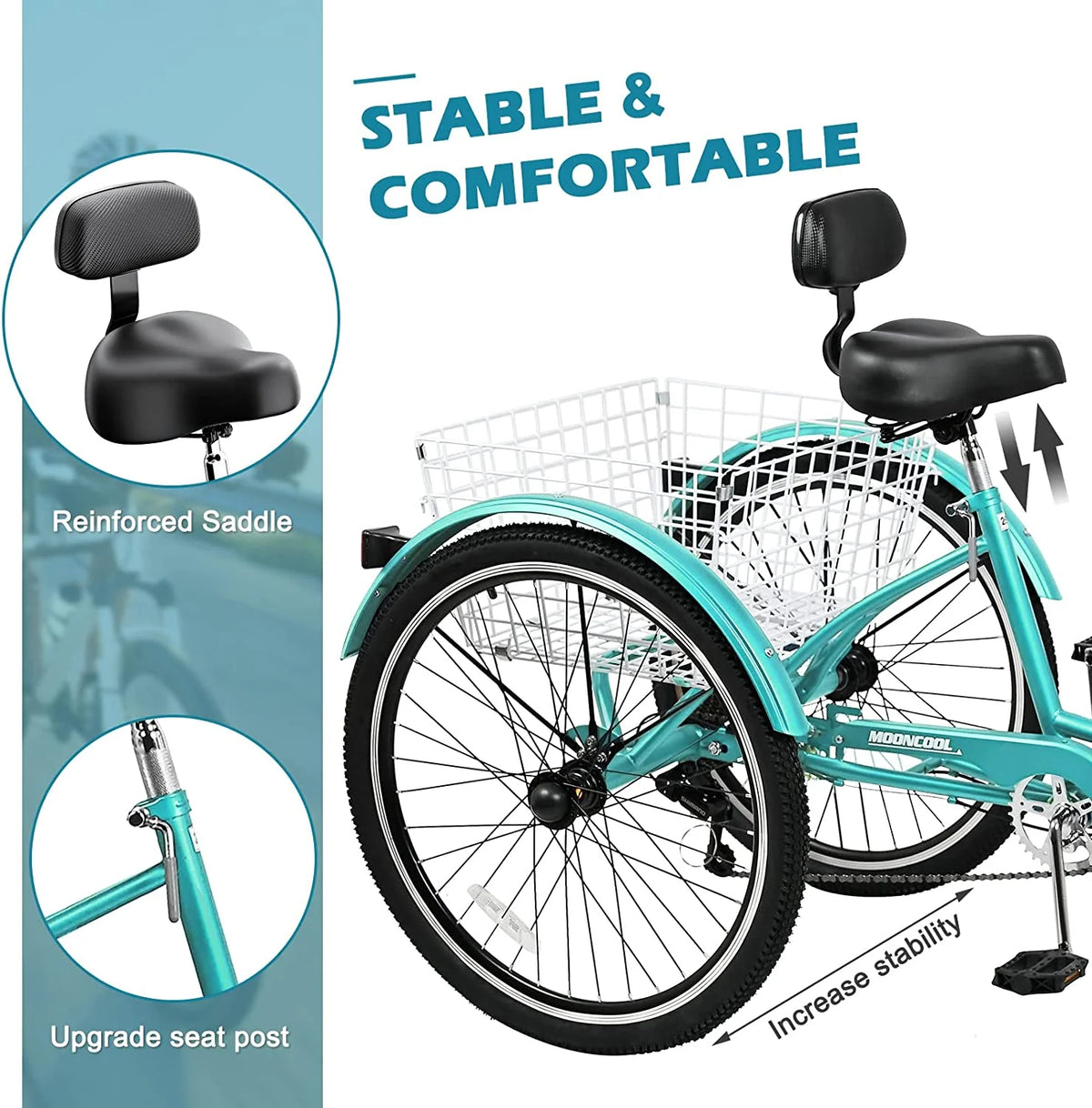 Tricycles pour adultes MOONCOOL avec panier arrière et pompe à pied, vélos à 3 roues 7 vitesses de 24 et 26 pouces, vélo à trois roues pour adultes avec dossier pour seniors, femmes et hommes