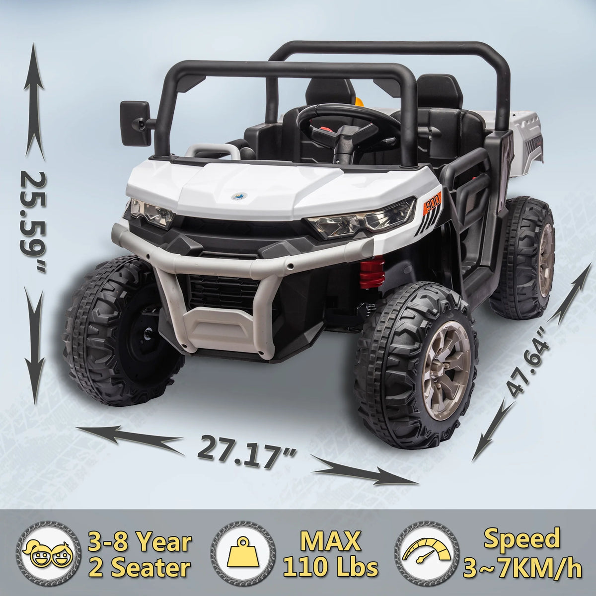 Xuanlur Voiture électrique pour enfants 24V 2 places, UTV avec moteur 2x200W, Jouet électrique 24 volts avec benne/pelle, Voiture électrique pour enfants avec pneus résistants, lumière LED, musique, télécommande, noire