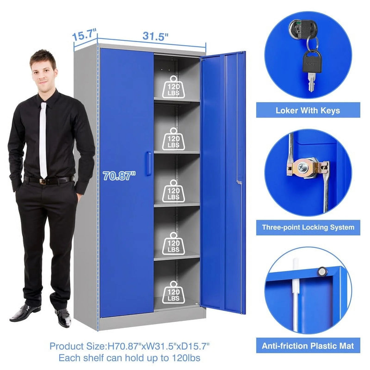 Armoire de rangement en métal Fesbos pour garage avec 2 portes et 4 étagères réglables - Classeur en acier verrouillable de 71, armoire à outils verrouillable pour bureau, maison, garage, salle de sport (Bleu)