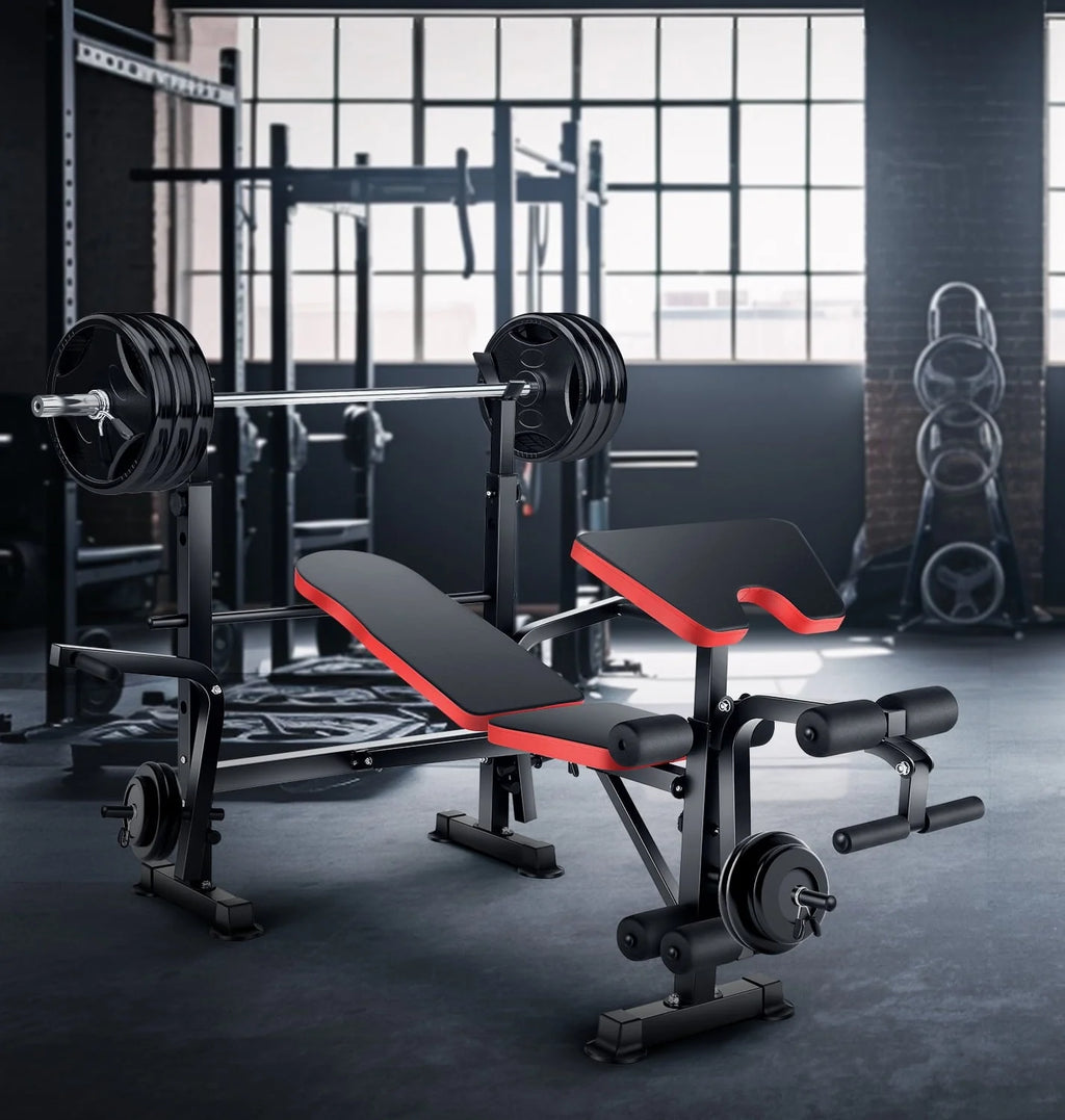 VIBESPARK Banc de musculation réglable 600 lbs Ensemble de banc de musculation pliable 5-en-1 avec Rack à barre, Extension jambes, Pupitre à biceps, Accessoire d'écarté aux haltères, Banc de musculation multifonction