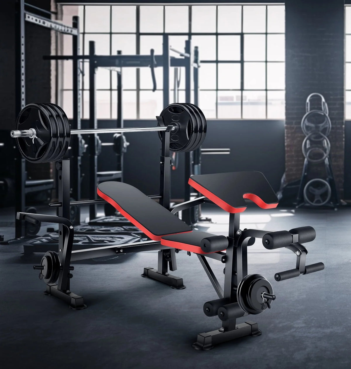 VIBESPARK Banc de musculation réglable 600 lbs Ensemble de banc de musculation pliable 5-en-1 avec Rack à barre, Extension jambes, Pupitre à biceps, Accessoire d'écarté aux haltères, Banc de musculation multifonction
