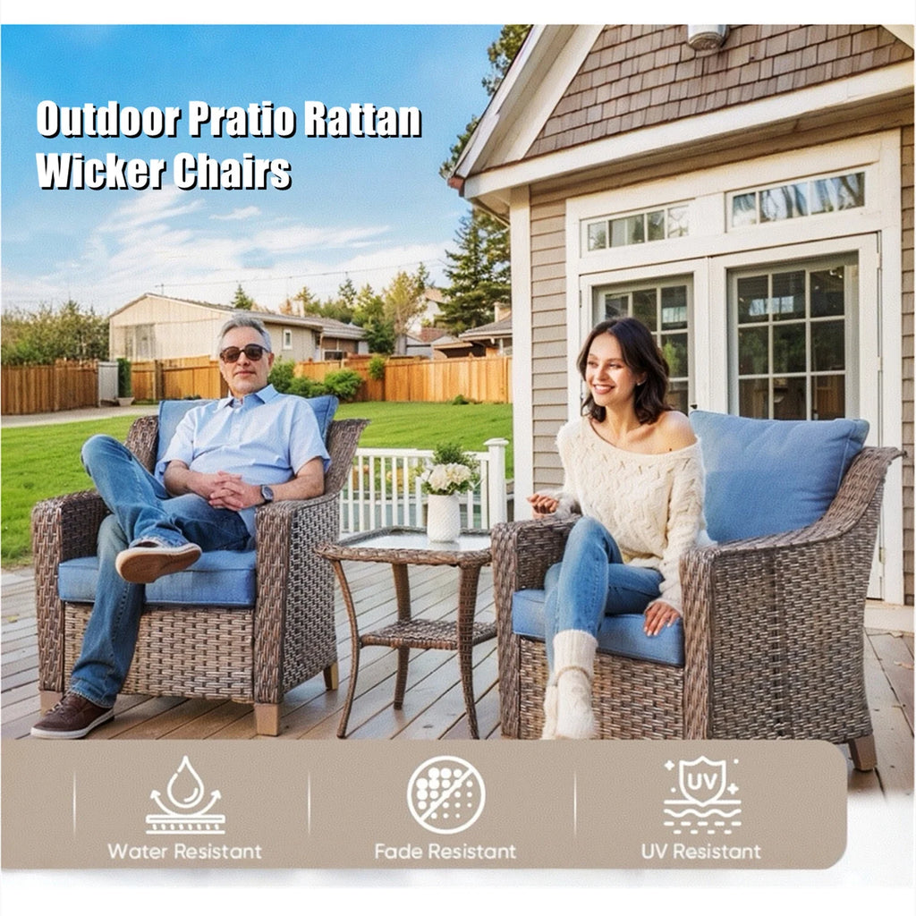 Lot de 2 chaises de patio d'extérieur en résine tressée Bellefurn avec table d'appoint, chaises en rotin tressé toutes saisons, mobilier de jardin pour porche, balcon, cour arrière, jardin et terrasse