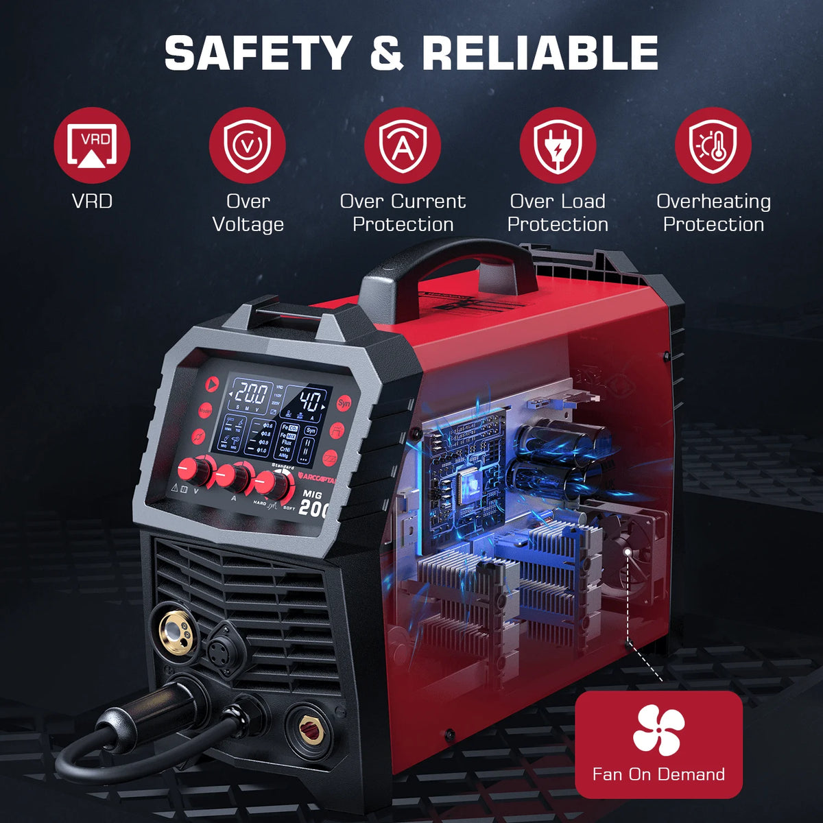 Poste à souder MIG 6 en 1 ARCCAPTAIN, Soudeuse à gaz 200A avec fonctions MIG à fil fourré/Arc/TIG à la main levée/Soudage par points/Pistolet sur bobine