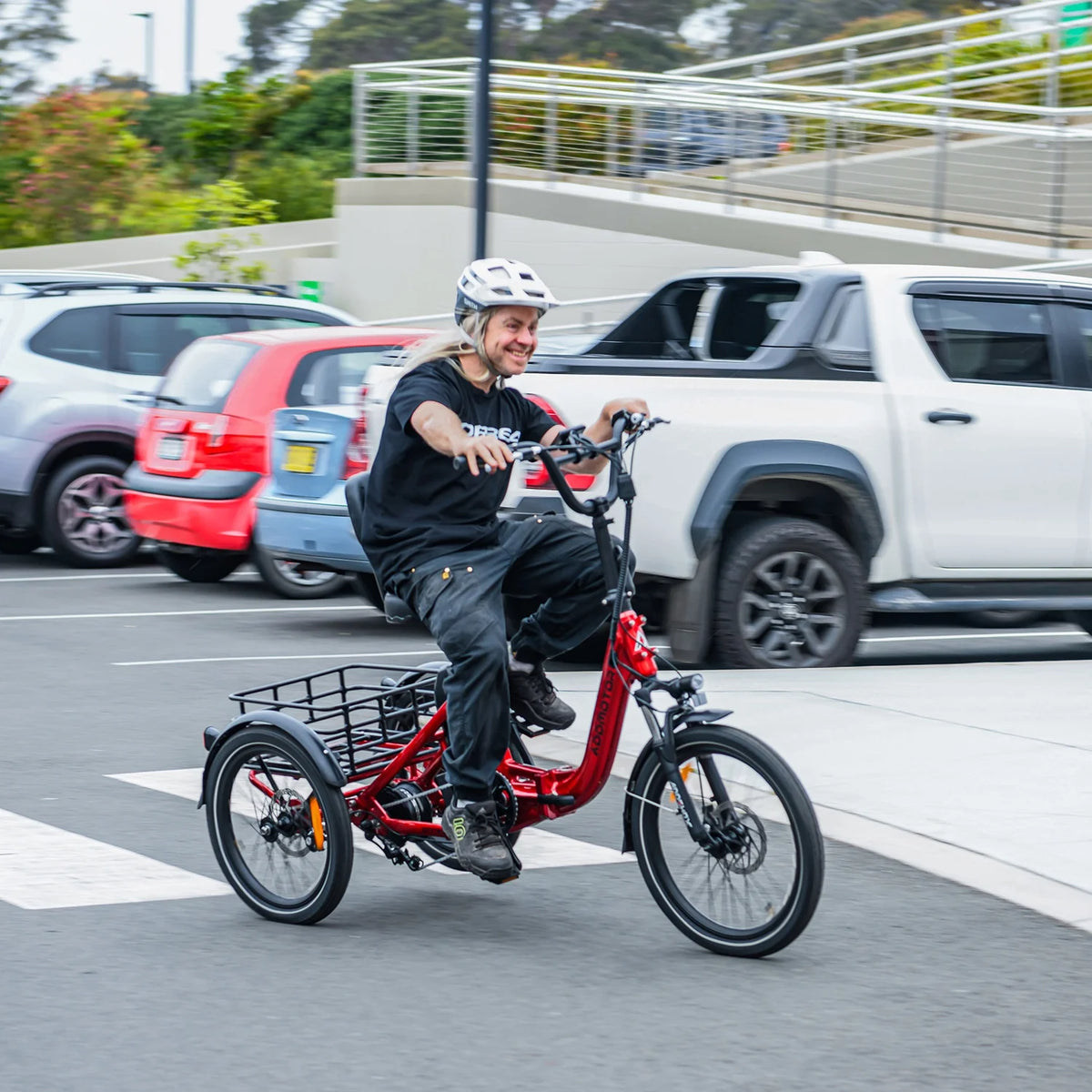 Tricycle électrique pliant Addmotor, tricycle électrique 90 mi pour adultes, 750 W 48 V 20 Ah, vélos électriques à 3 roues CITYTRI, tricycle à cadre ouvert avec différentiel de vitesse arrière et frein de stationnement, E-310 Plus rouge