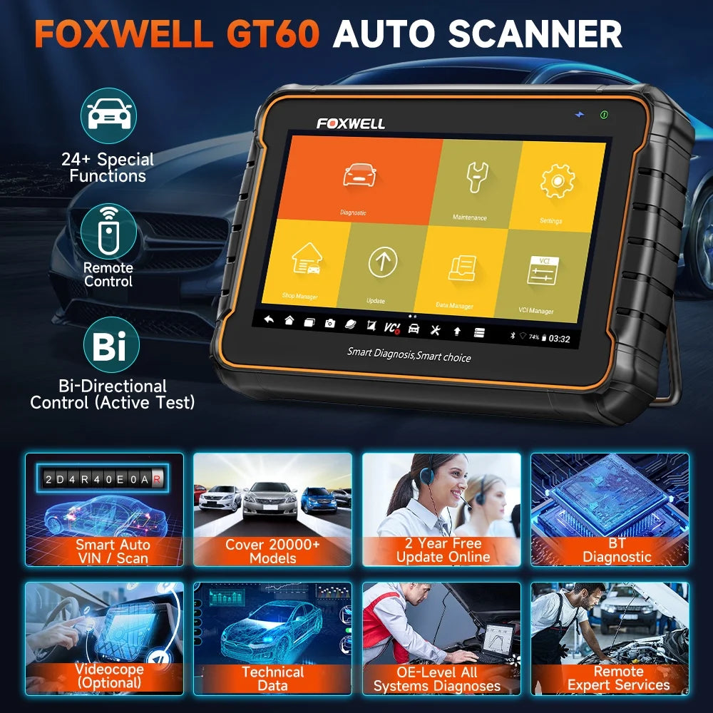 Scanner OBD2 Bluetooth Foxwell GT60, outil de diagnostic automobile pour tous les systèmes, 24 fonctions d’entretien, lecteur de codes défauts et outil de purge ABS