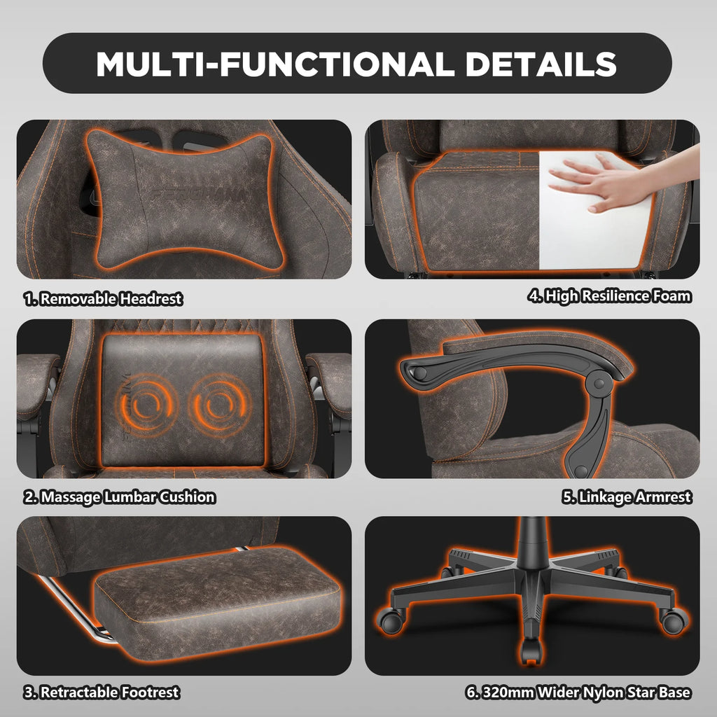 Fauteuil gaming Luxvie avec repose-pieds, fauteuil de bureau ergonomique pour ordinateur avec massage, soutien lombaire et appui-tête, dossier haut, style vintage, pour adultes et enfants, noir