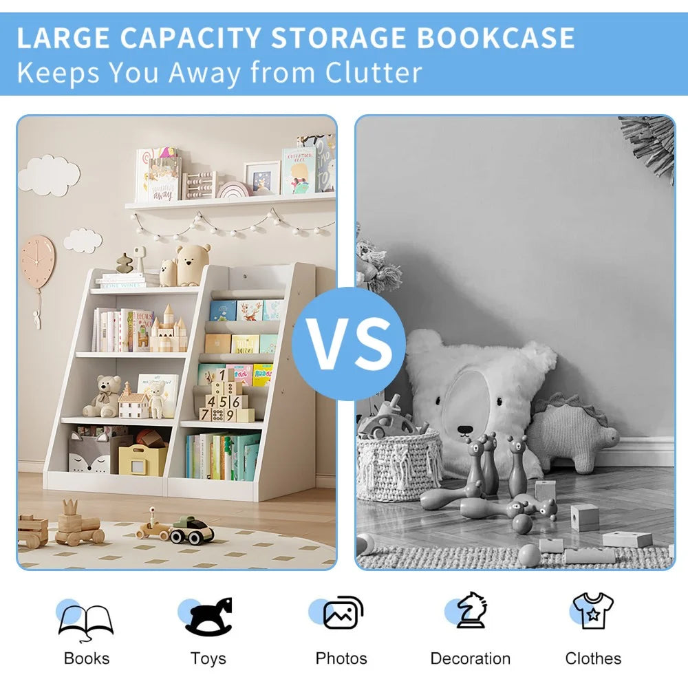 IVV Bibliothèque Montessori pour enfants, Bibliothèque moderne en bois à 4 niveaux, Étagère à livres et jouets pour enfants, Support d’étagère en tissu, Pour salle de classe, chambre, chambre de bébé ou salle de jeux (Rose)