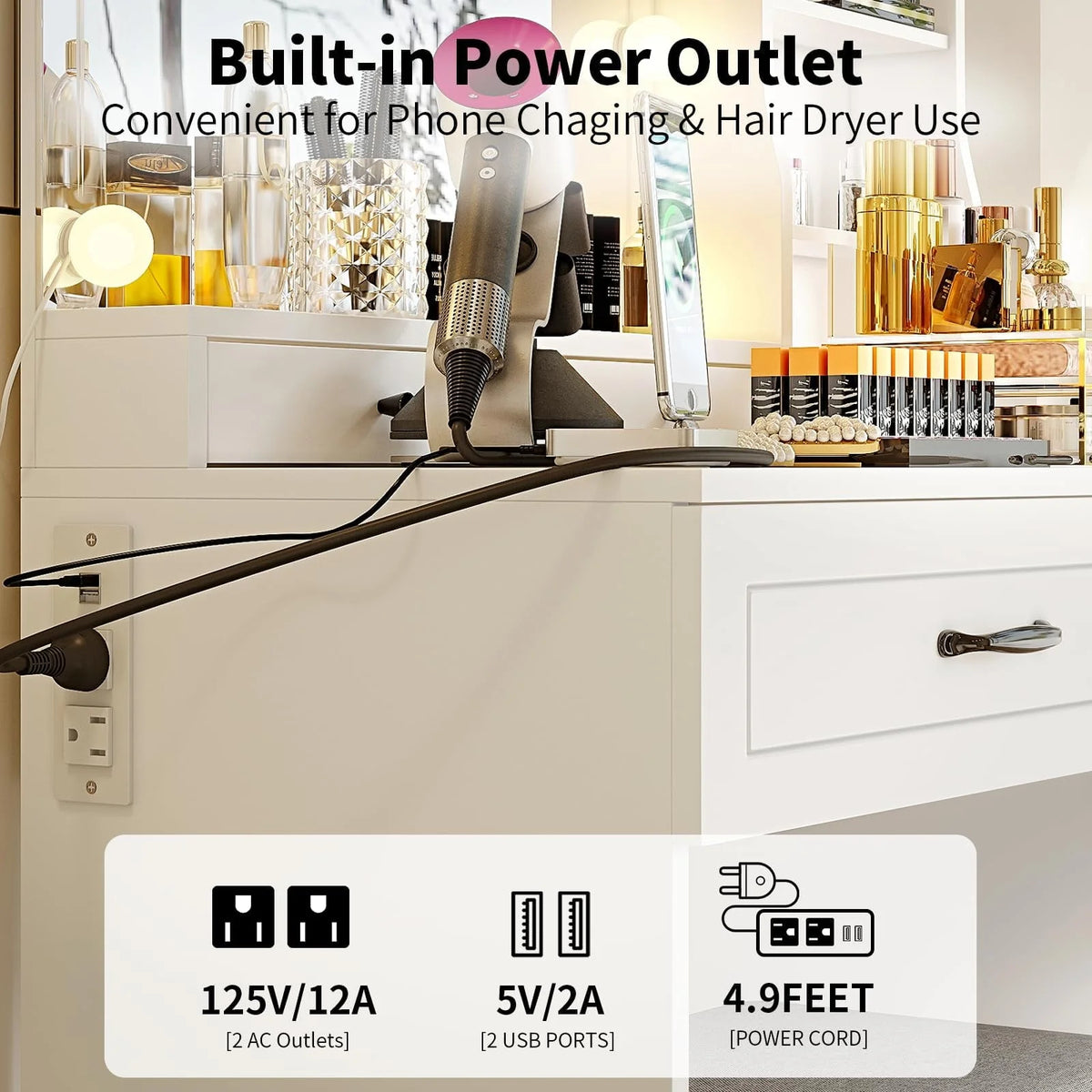 Coiffeuse RichYa avec miroir lumineux, prise électrique, tiroirs et armoire pour chambre à coucher, blanc