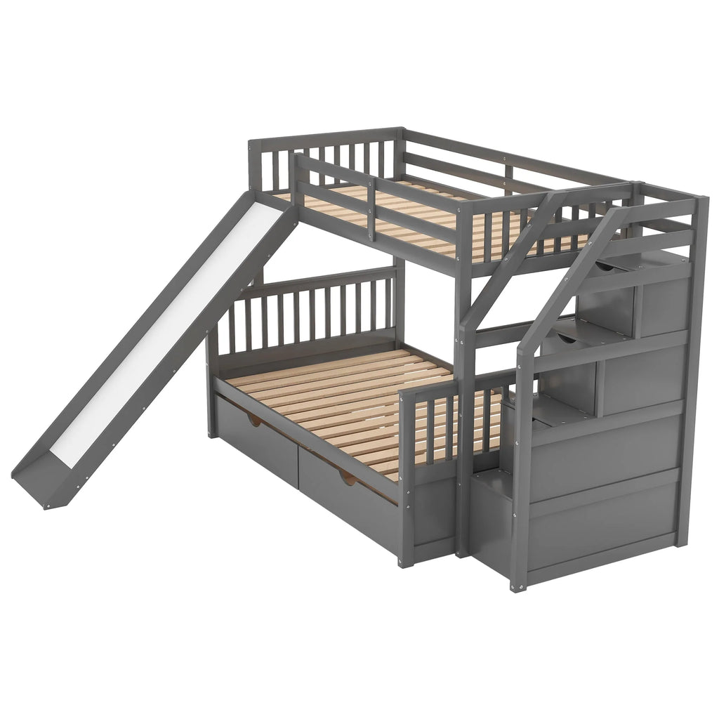 Lit superposé Euroco Wood avec lit simple au-dessus et lit double en dessous, tiroirs et toboggan, gris