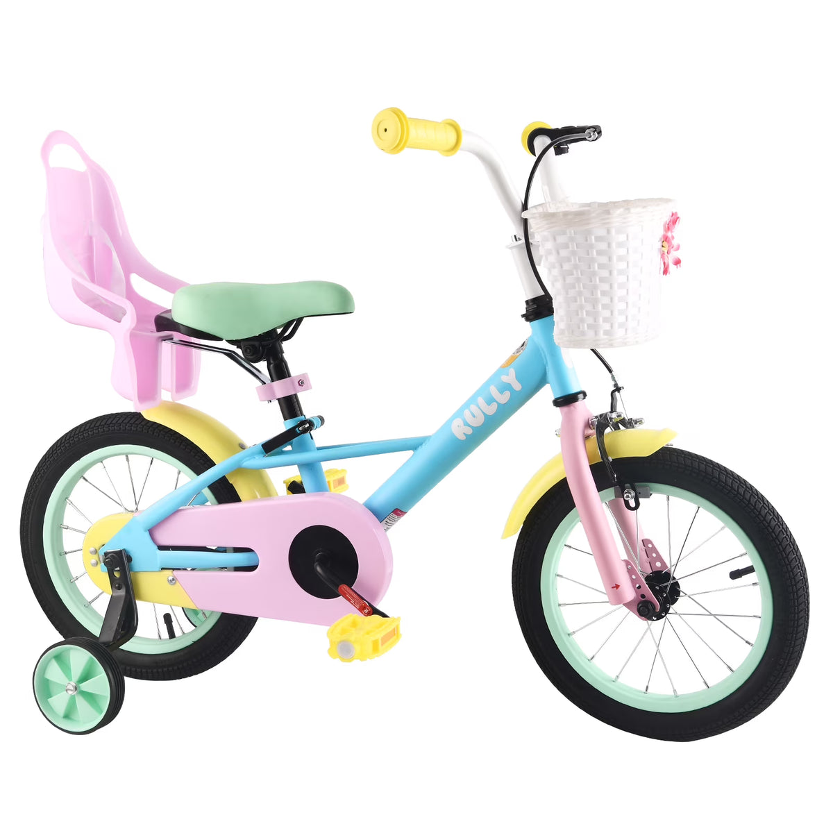 Vélo enfant RULLY 14 pour filles de 3, 4 et 5 ans mesurant 89 à 119 cm, vélo pour petite fille avec roues d’apprentissage, siège pour poupée et frein à pédales, vélo arc-en-ciel, couleurs pastel