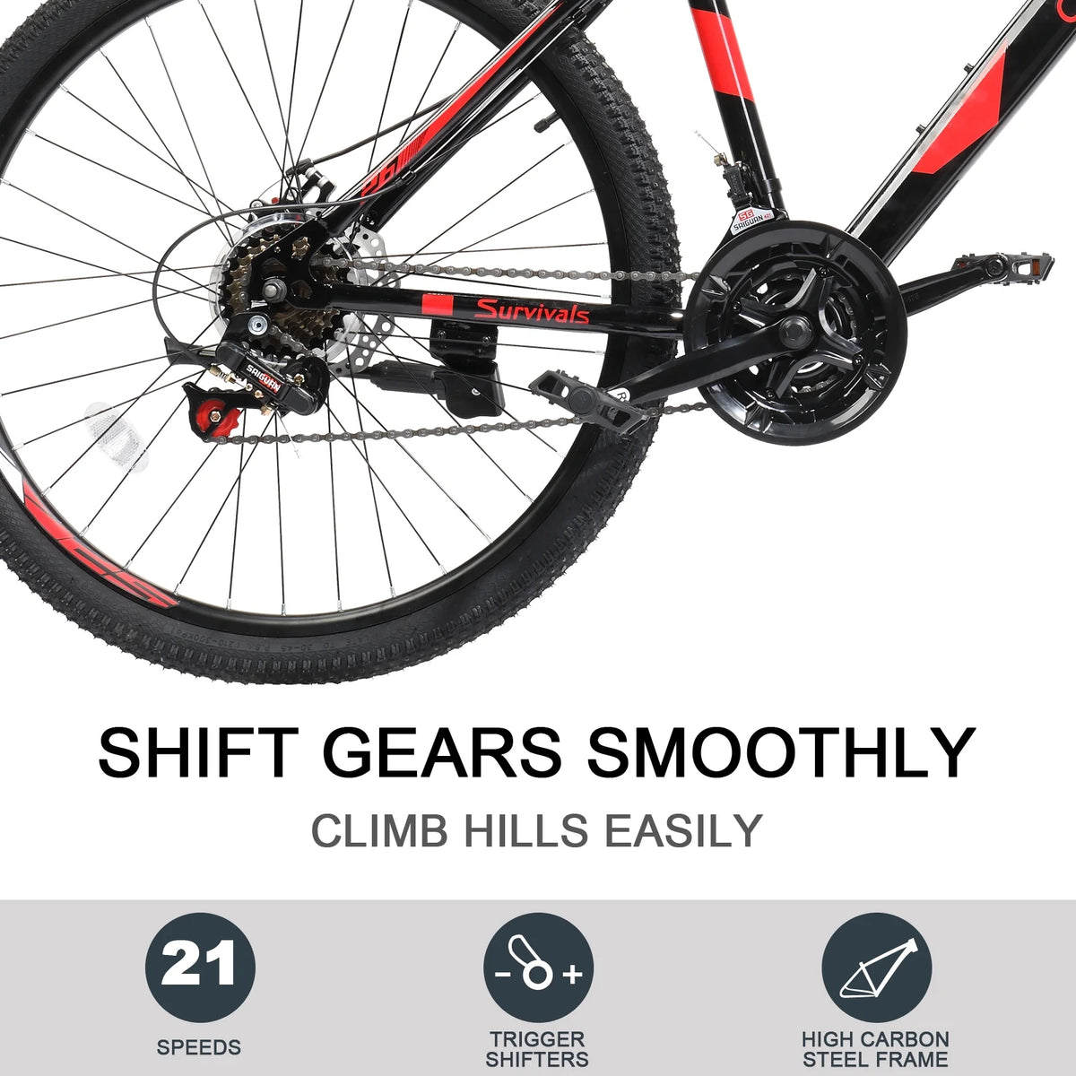 Vélo VTT léger UBesGoo 26 Explorer, 21 vitesses pour homme et femme, freins à disque et suspension, rouge/noir