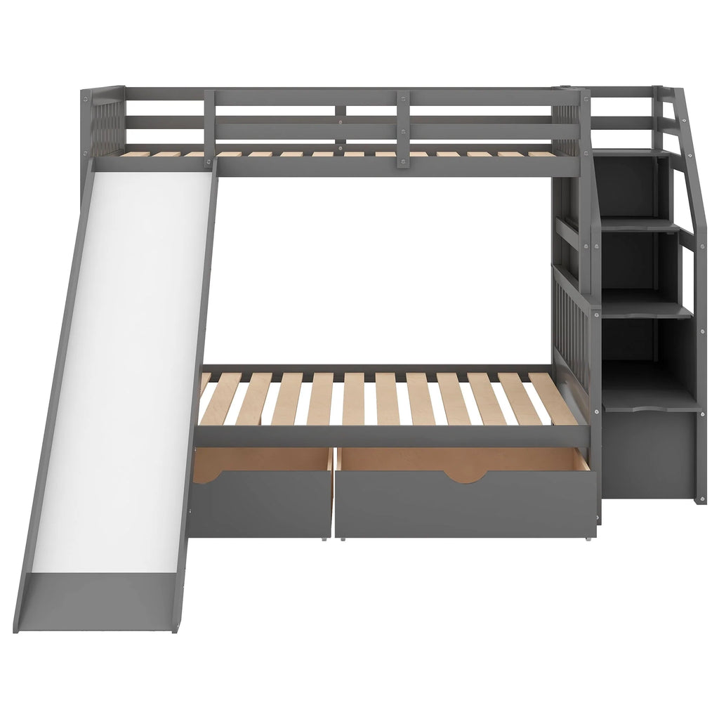 Lit superposé Euroco Wood avec lit simple au-dessus et lit double en dessous, tiroirs et toboggan, gris