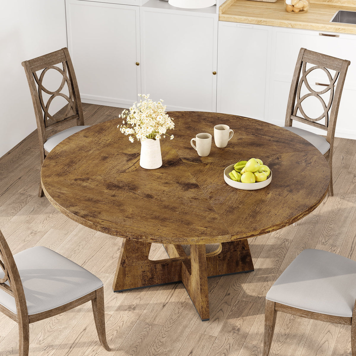 Ensemble de grande table à manger ronde de 47 po pour 4 à 6 personnes, table à manger en bois de style milieu du siècle avec plateau large et piètement en X, table de salle à manger pour la maison, la salle à manger ou le salon (chaises non incluses)