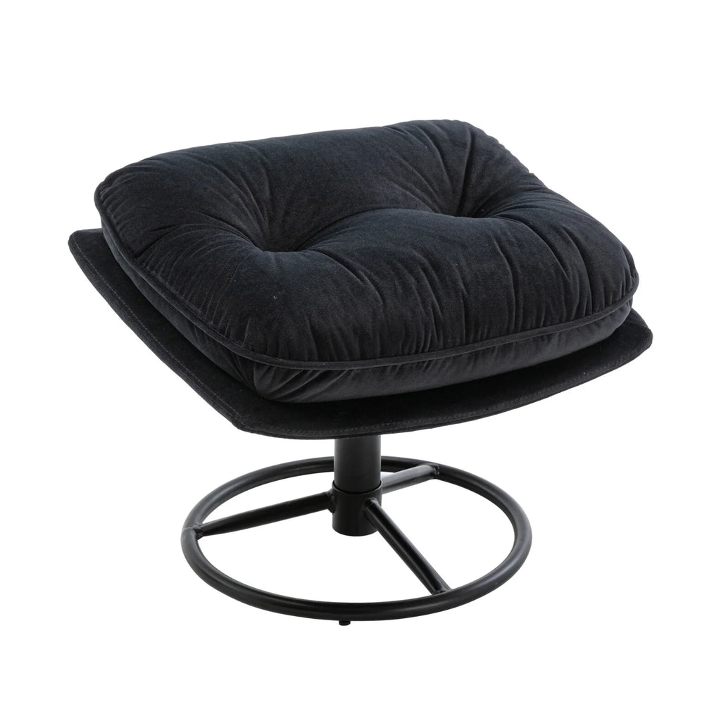 Fauteuil d'appoint pivotant en velours avec pouf, fauteuil méridienne moderne avec structure en métal et repose-pieds, fauteuil confortable pour la lecture, salon, chambre, bureau, bleu